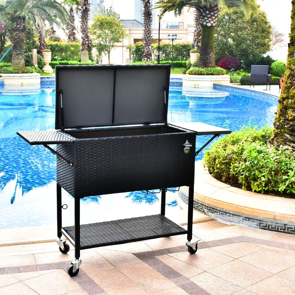 2026 80 Quart Rattan Rolling Cooler Cart, Portable Wicker Cooler Trolley, Backyard Party Drink Beverage Bar