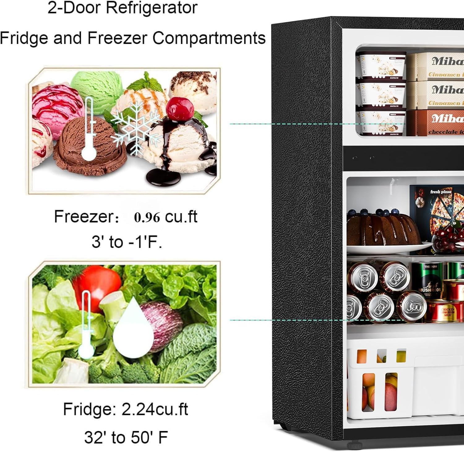 2026 Antarctic Star Compact Mini Refrigerator Separate Freezer, Small Fridge Double 2-Door Adjustable Removable Retro Stainless Steel Shelves Living room/Kitchen/Dorm/Office 3.2 cu ft.Green