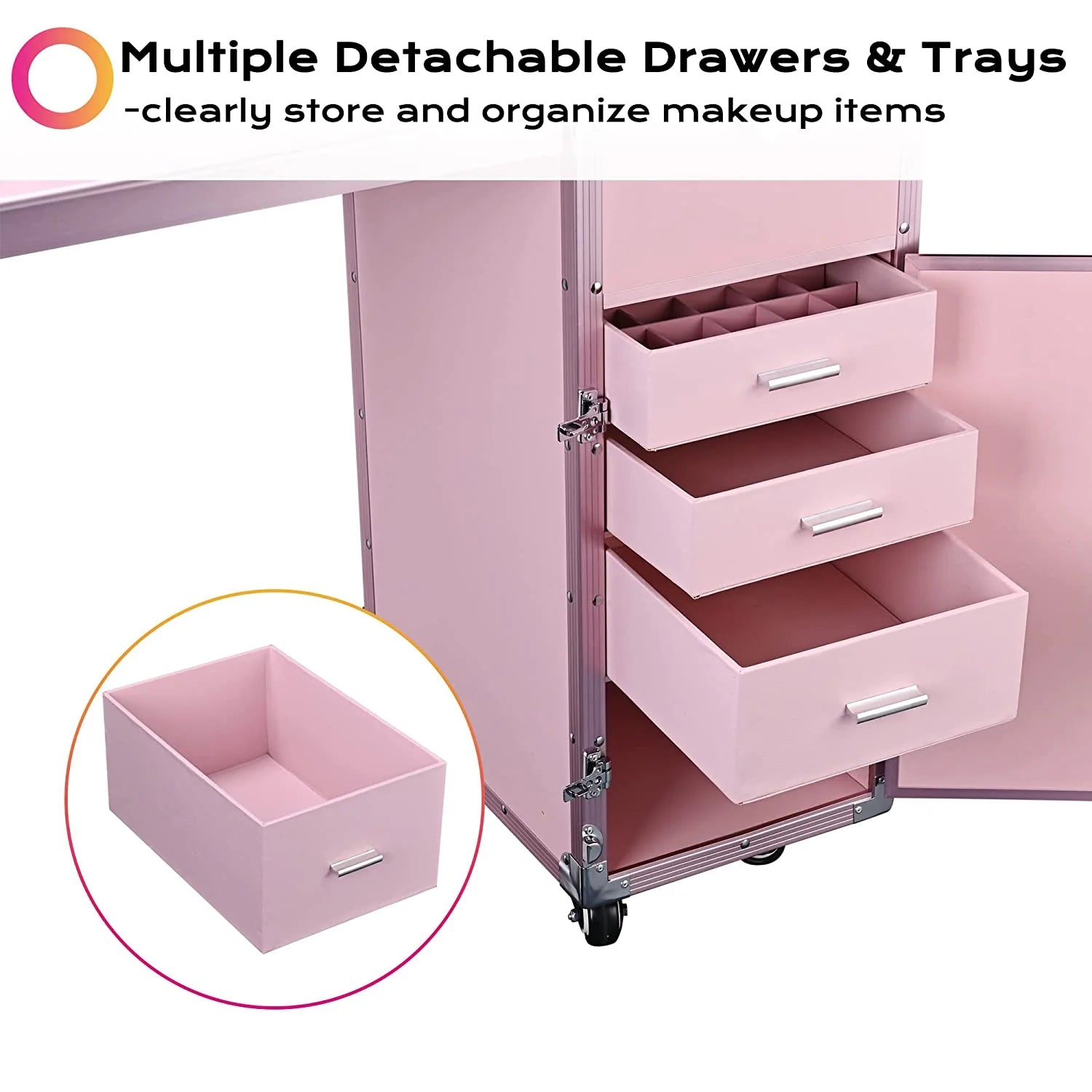 2026 Nail Desk Mobile Station Rolling Makeup Train Case Trolley Cosmetic Manicure Table Mirror 4 Drawers Pink