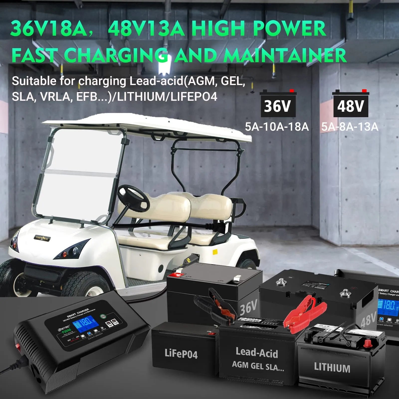 36 Volt Golf cart Charger 18-Amp Smart Charger, Car Battery Charger,Trickle Charger,36V,18-Amp and 48V,13-Amp,Lithium,LiFePO4,Lead-Acid AGM/Gel/SLA.Battery Charger, for EZGO TXT,Car, Boat.