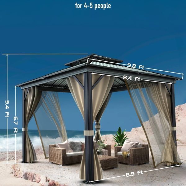 2026 10’x10′ Hardtop Gazebo with double metal roof, aluminum frame, net, and curtain. All-weather, ideal for patio, deck, garden, backyard. Khaki.