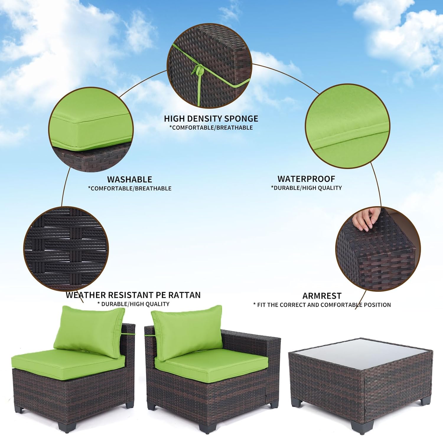 7 Pieces Rattan Patio Furniture Set with Tea Table