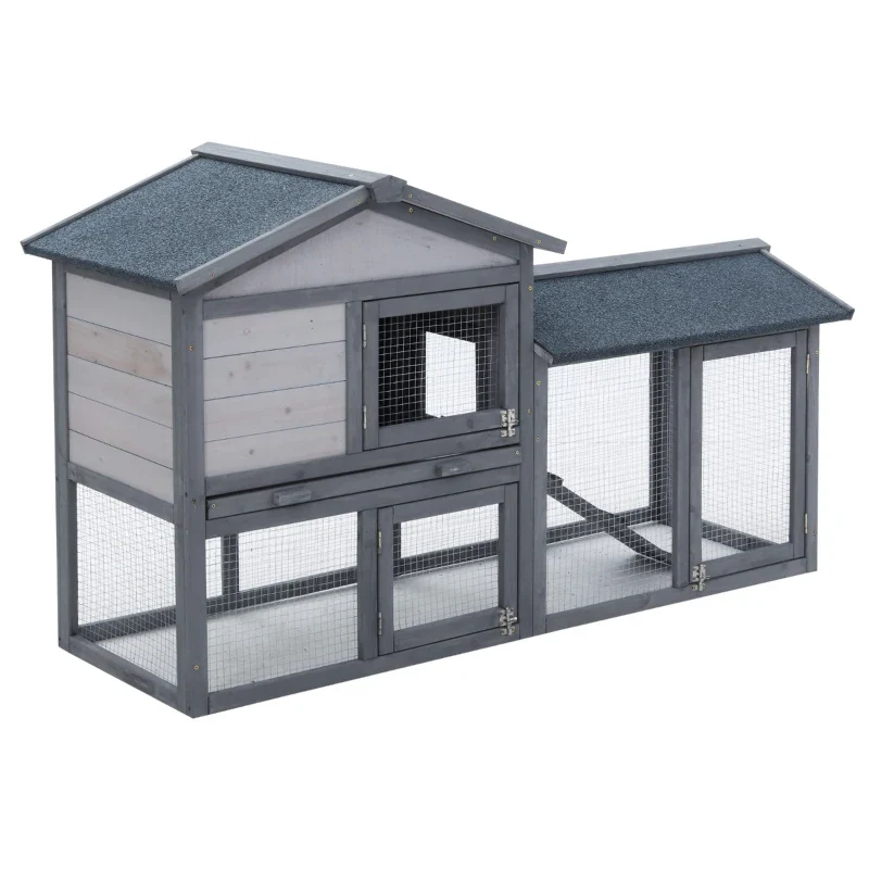 PawHut Two-Level Outdoor Guinea Pig & Rabbit Cage with Tall Mesh Fence and Removable Roof
