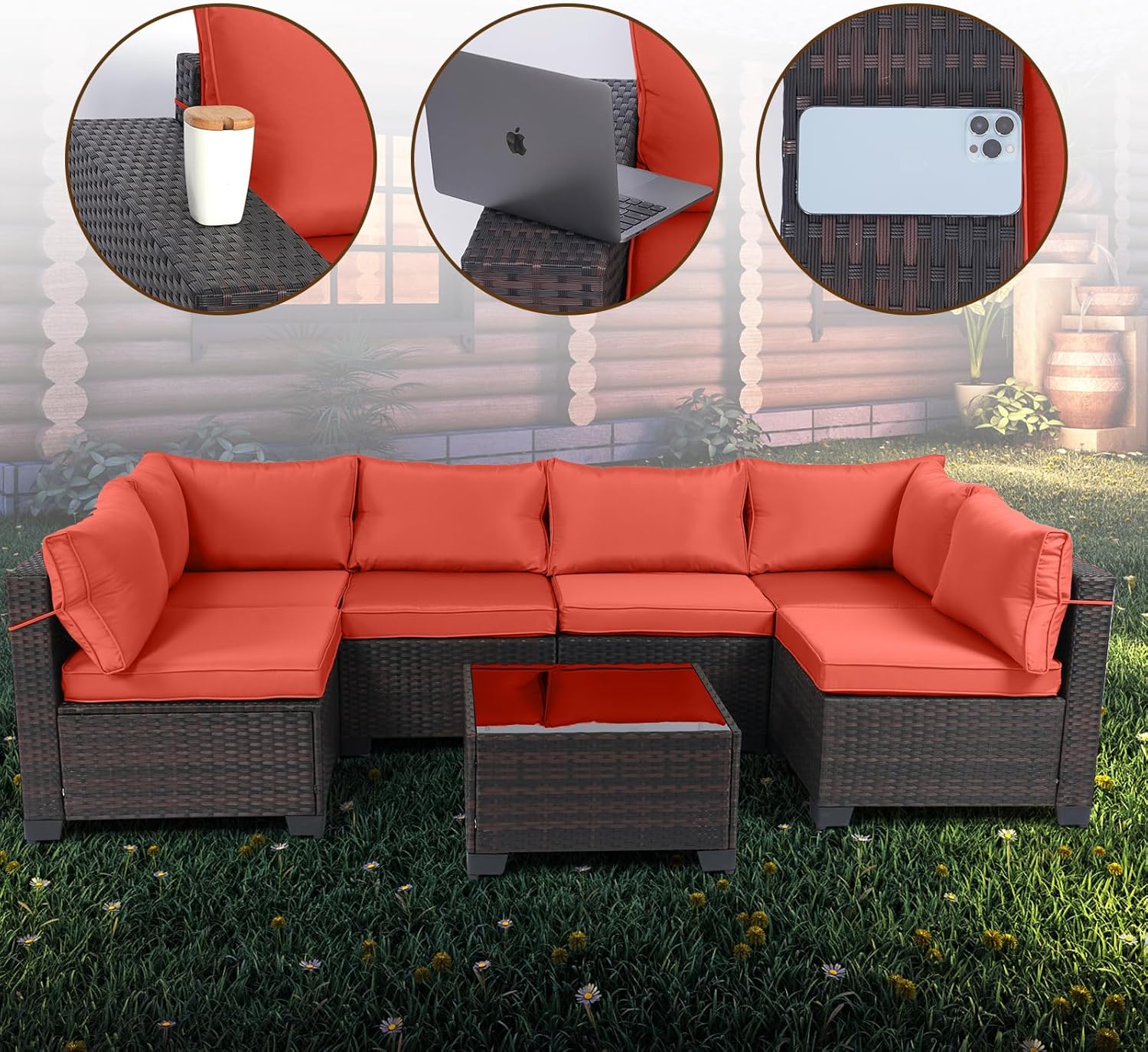 7 Pieces Rattan Patio Furniture Set with Tea Table
