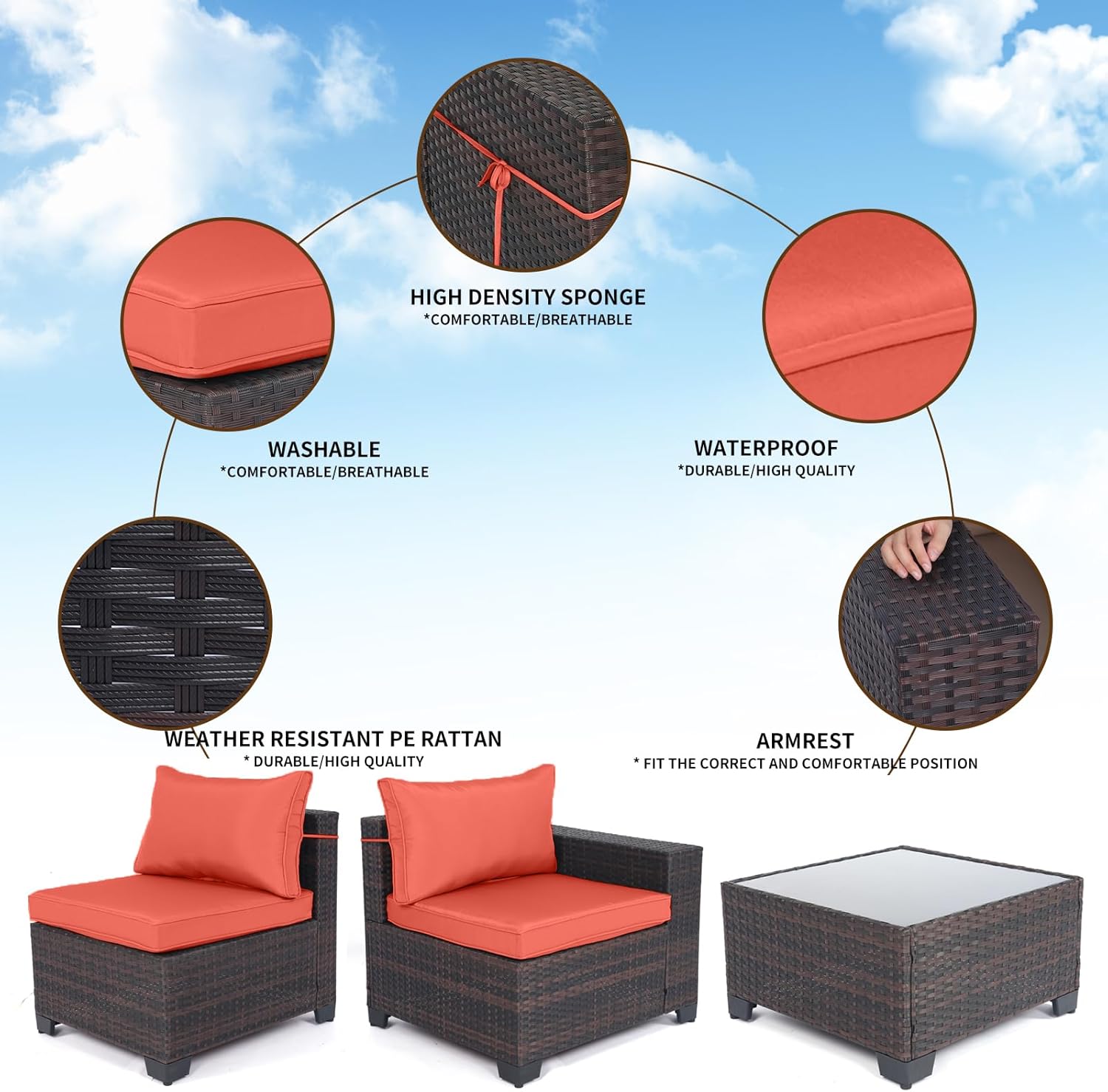 7 Pieces Rattan Patio Furniture Set with Tea Table