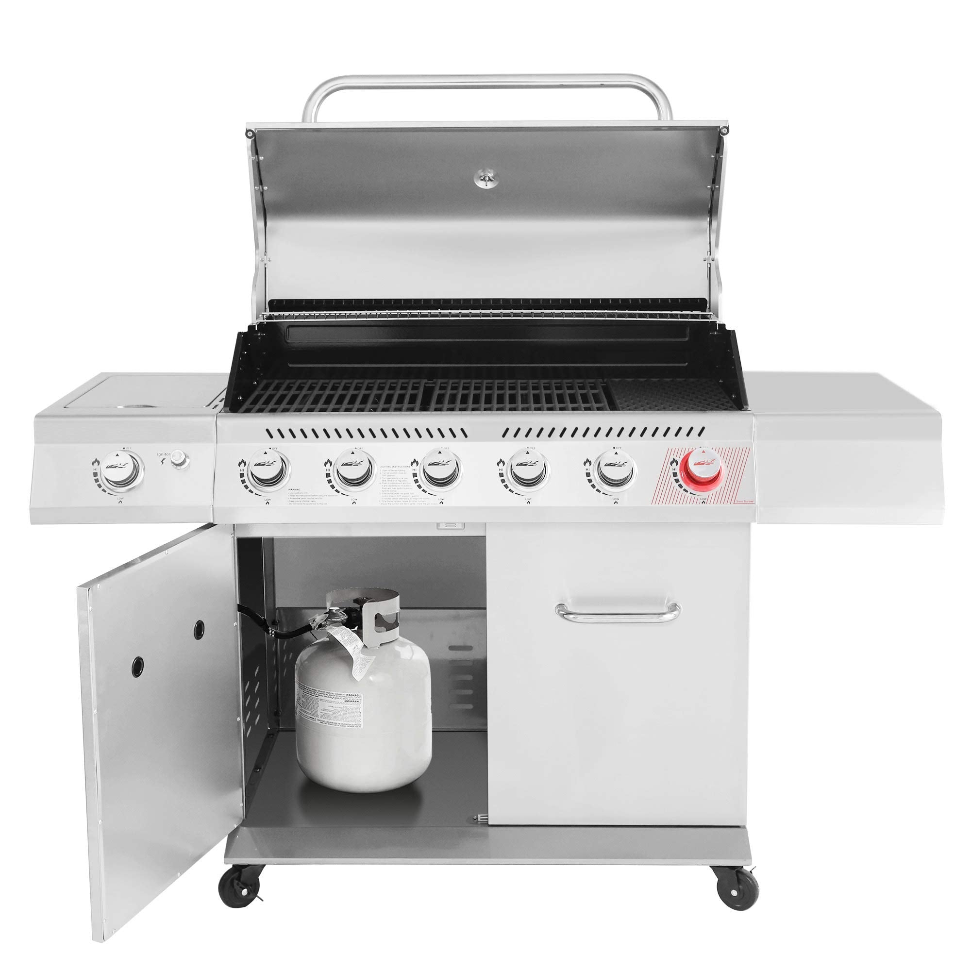 Gourmet GA6402S Stainless Steel Gas Grill, Premier 6-Burner Propane Grill with Sear Burner and Side Burner, 74,000 BTU, Cabinet Style, Outdoor BBQ Party Grill, Silver