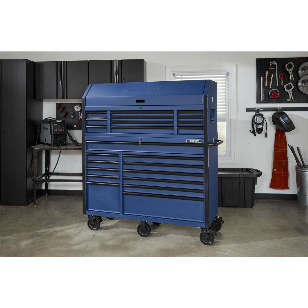 Husky 56 in. W x 22 in. D Heavy Duty 23-Drawer Combination Rolling Tool Chest and Top Tool Cabinet Set in Matte Blue