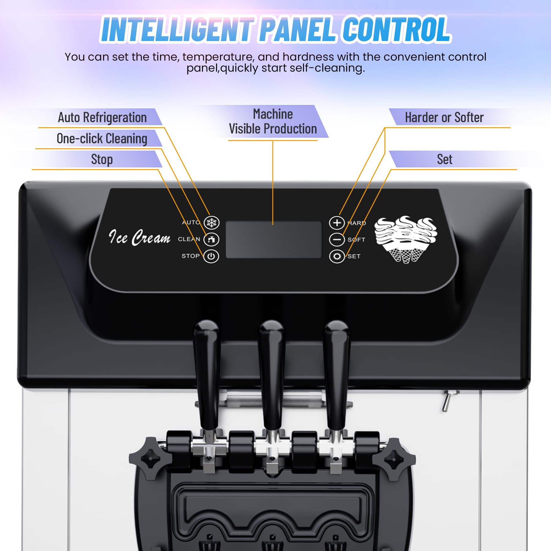 2200W Commercial Ice Cream Machine, 3 Flavor Soft Serve Ice Cream Machine, 5.3-7.4 Gal/Hr, with LCD Touch Screen, Automatic Cleaning, High Productivity for Home Snack Bar & Restaurants