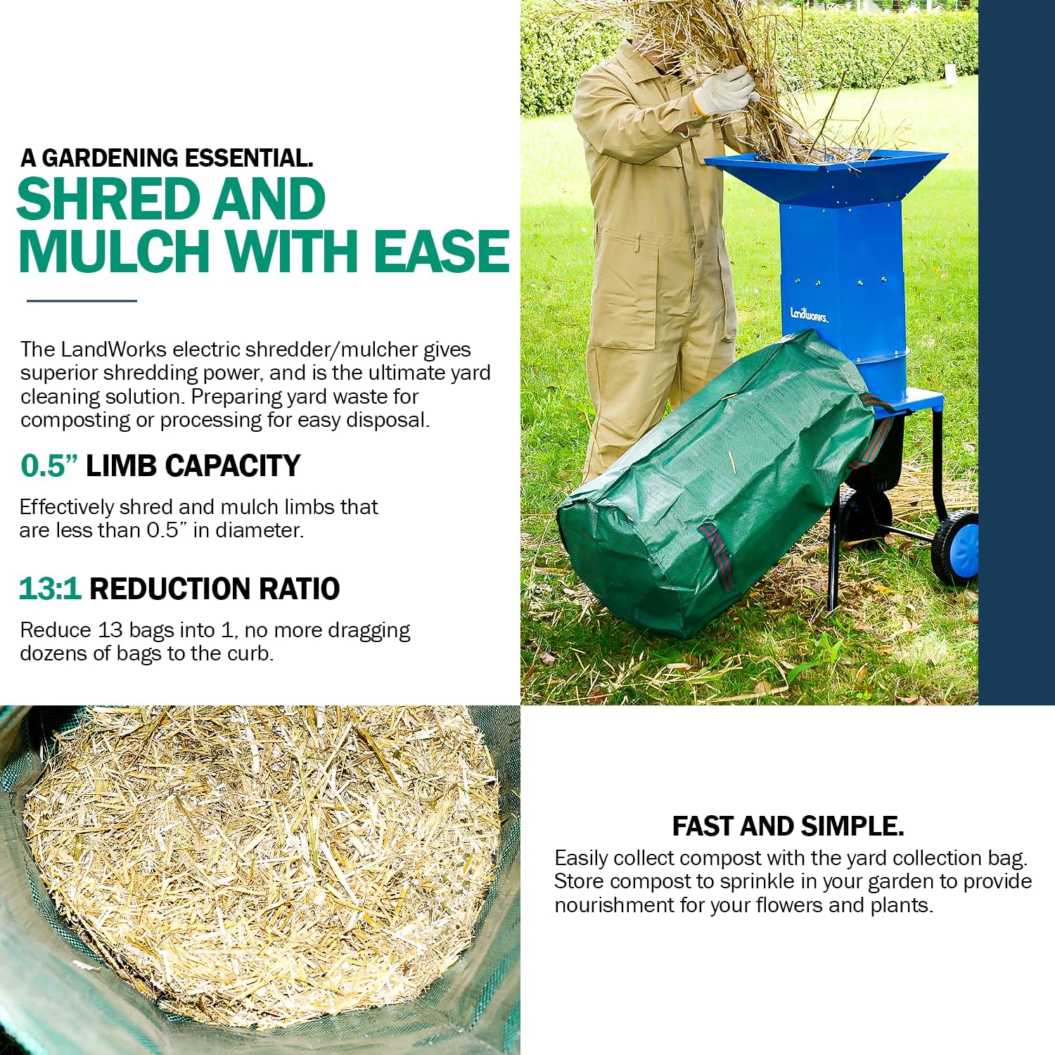 Landworks Leaf Mulcher Shredder Electric Green and Waste Management Heavy Duty 120V AC 11′′ Inch Cutting Blade .5′′ Inch Cutting Capacity for Leaves, Grass, & Clippings