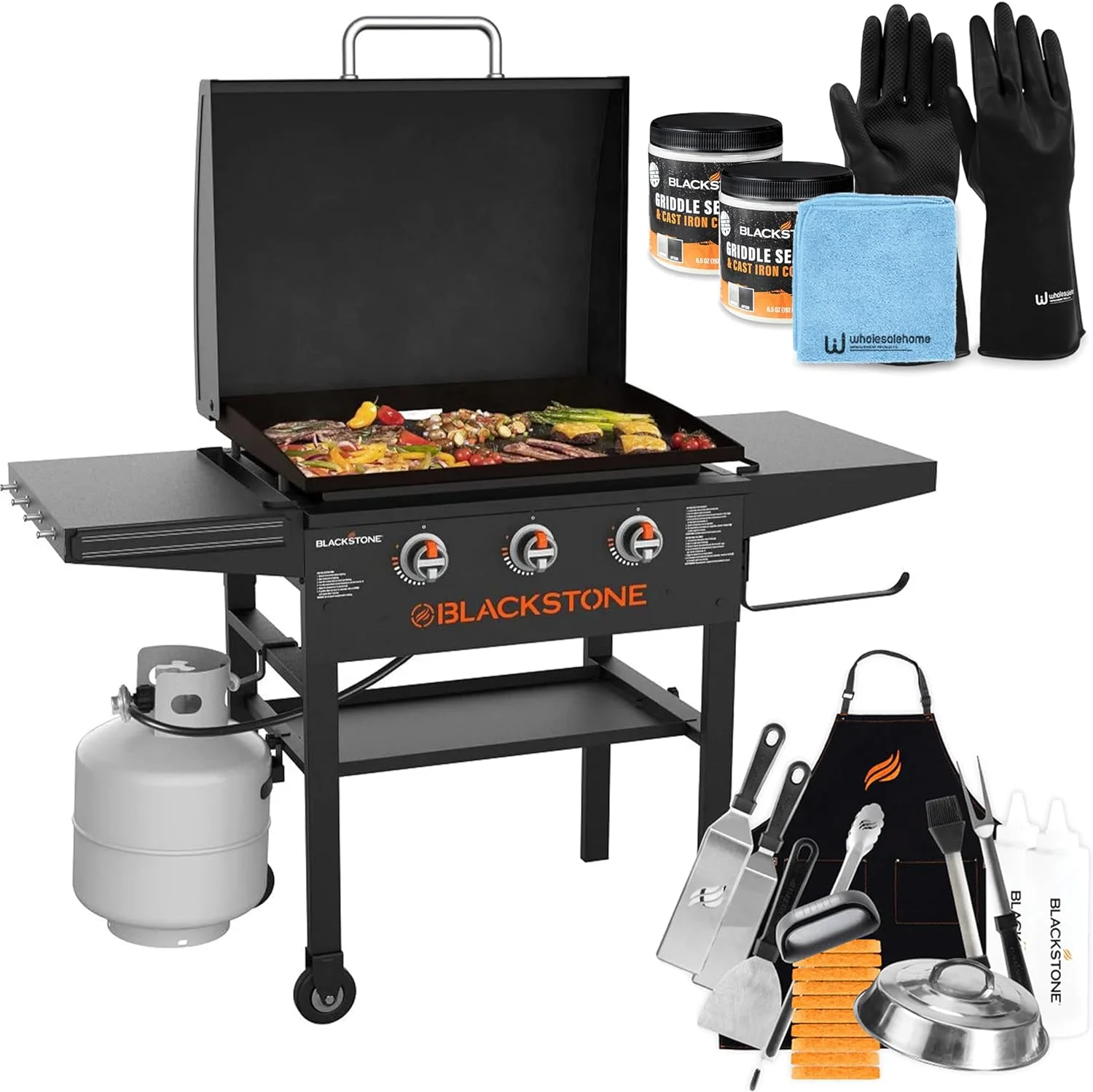 2026 28 Inch Blackstone Griddle 2080 with Hood XL Griddle Original 3-Burner Outdoor Flat Top Grill, with Blackstone Griddle Accessories, Seasoning, and Wholesalehome Gloves and Cloth