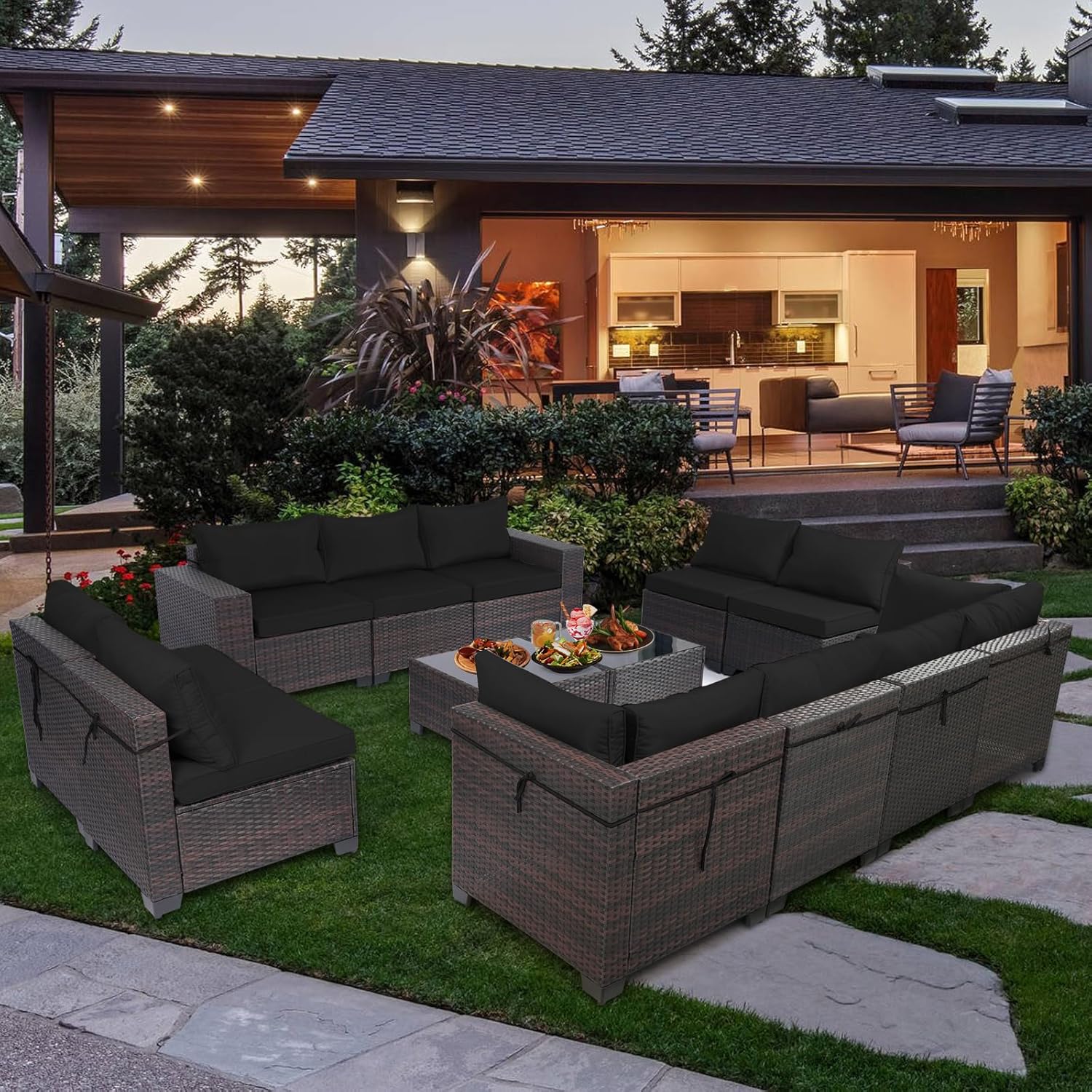 7 Pieces Rattan Patio Furniture Set with Tea Table