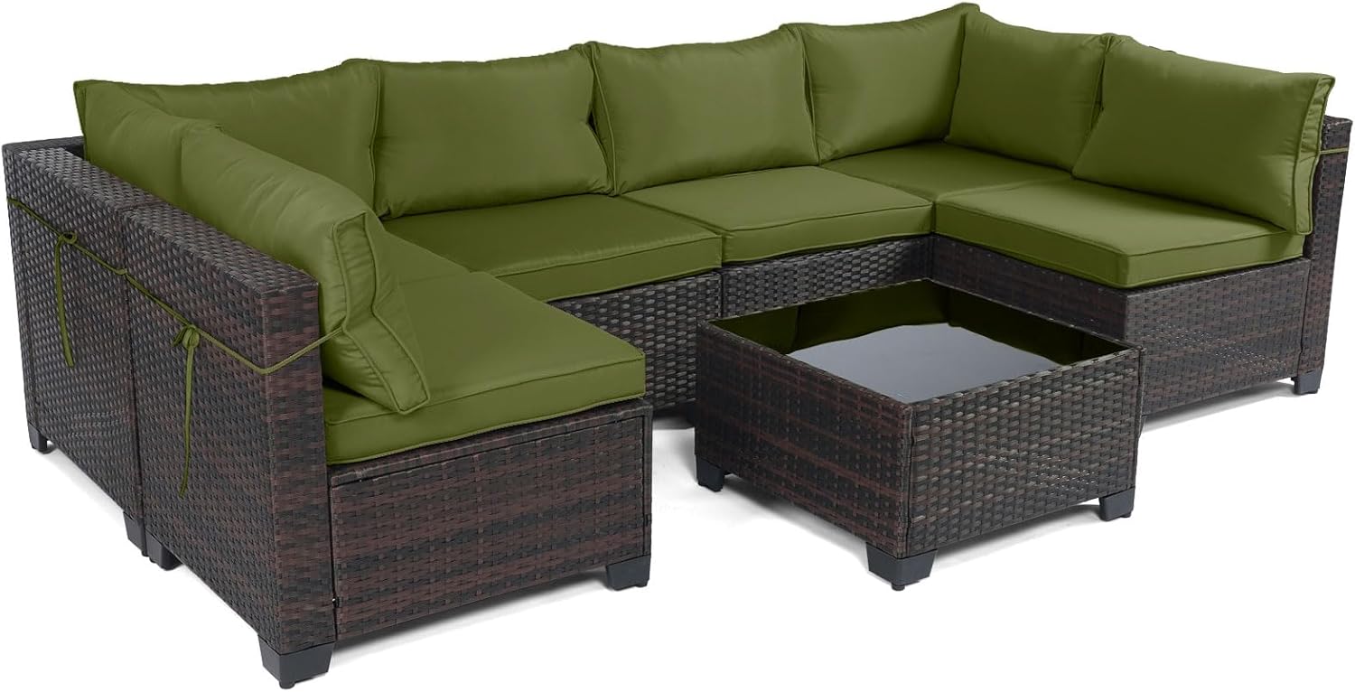 7 Pieces Rattan Patio Furniture Set with Tea Table