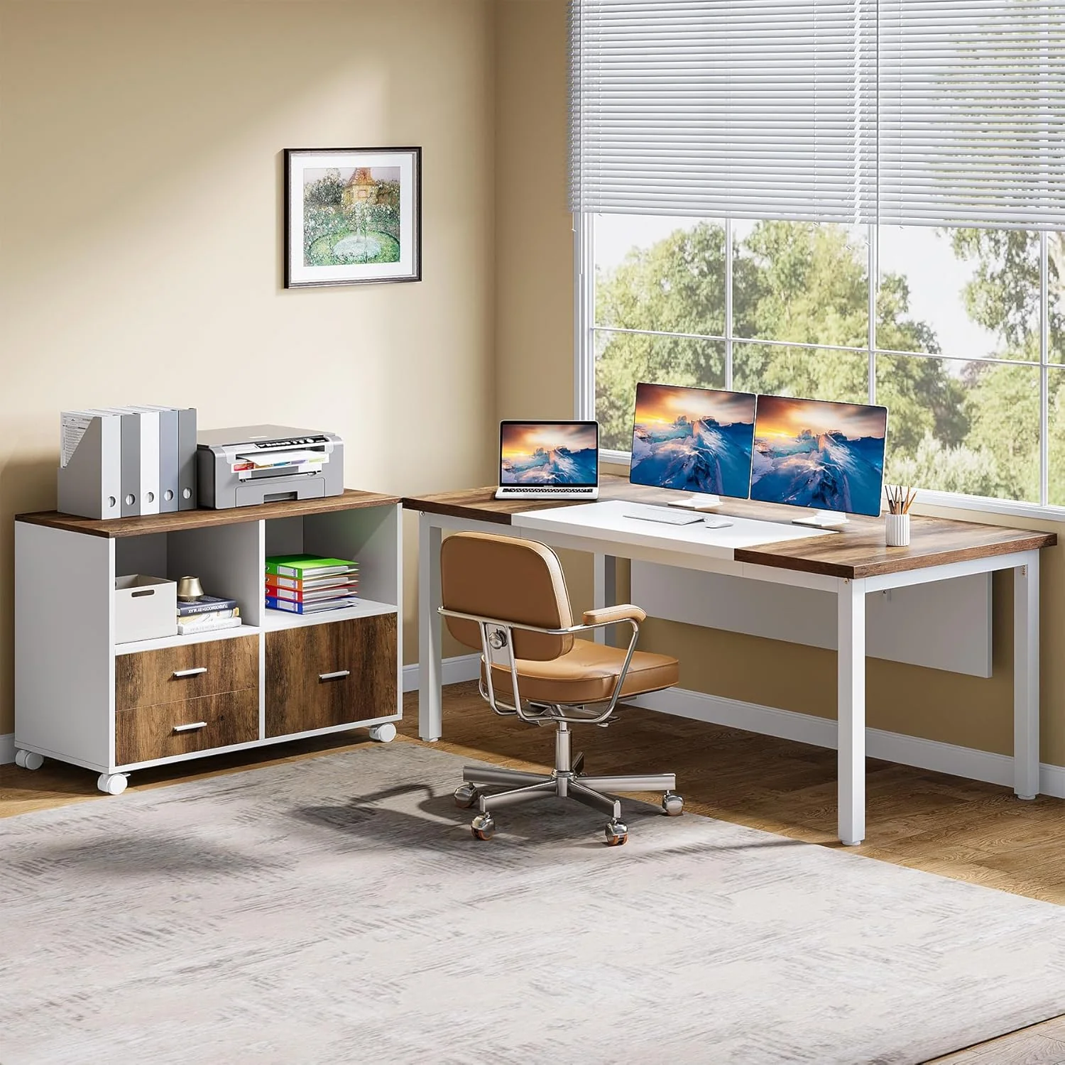 \L Shaped Desk with Drawer Cabinet, 63