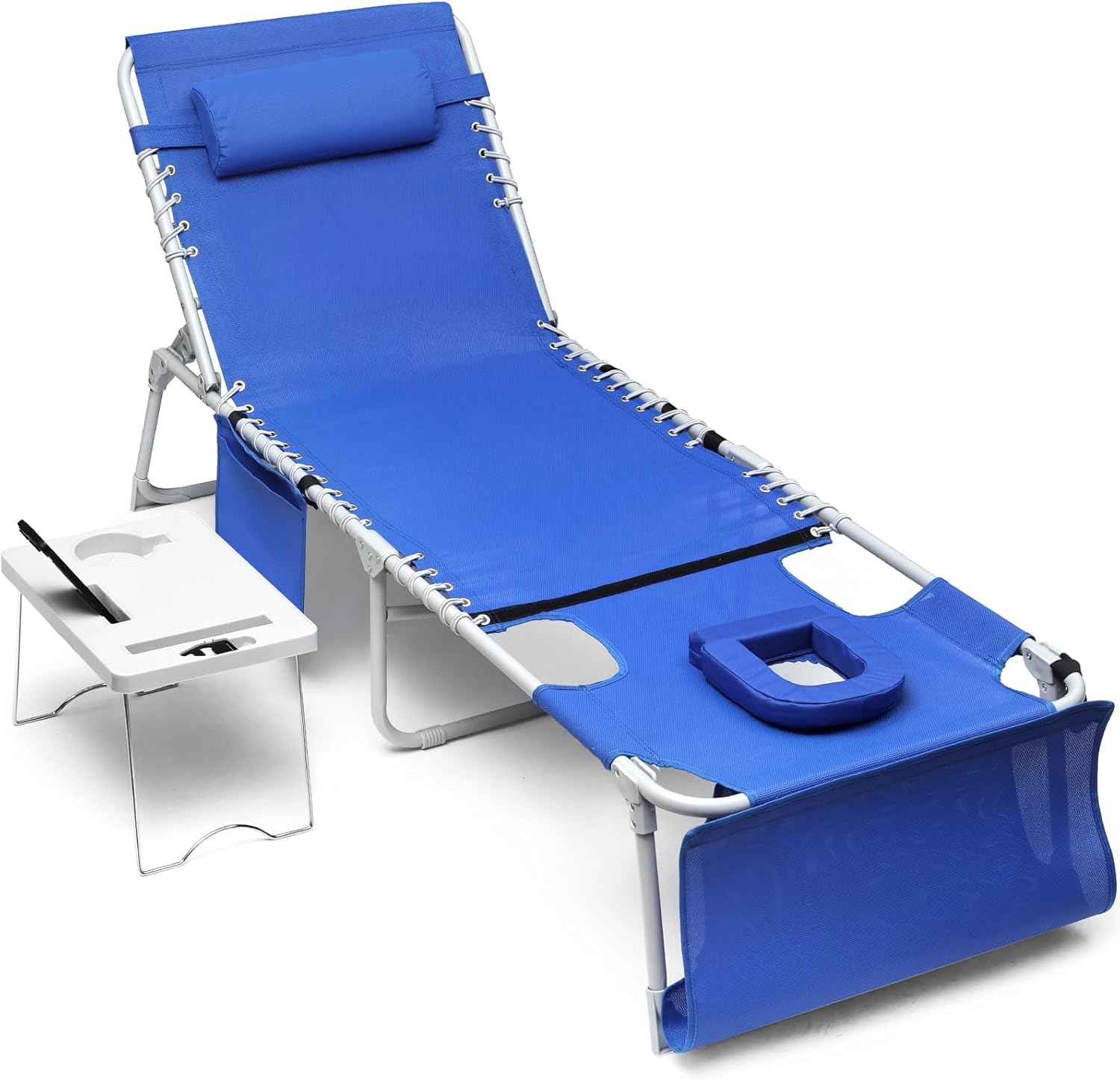 2026 3-in-1 Outdoor Sun Tanning Lounge Chair with Face Hole – 5-Position Recliner, Folding Side Table & Removable Pillow, 330lbs Capacity, Blue
