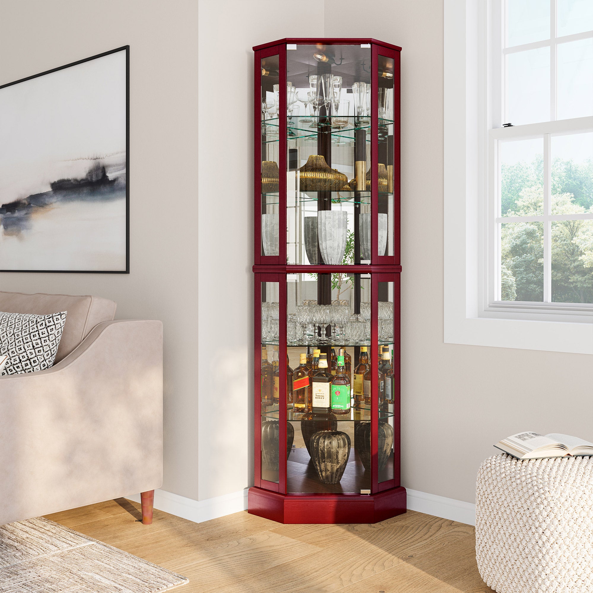 BELLEZE Ashfield Lighted Wood/Glass Curio Corner Cabinet Floor Standing, Cherry