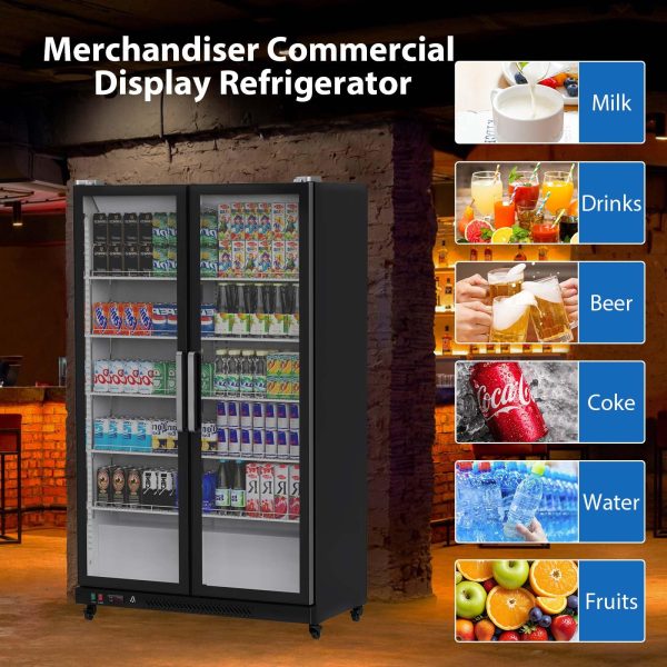 2026 Commercial Refrigerator, Glass Door with LED Lighting – Upright Beverage Display Cooler for Home, Store, Gym, or Office, Featuring Double Swing Doors and 39 cu.ft