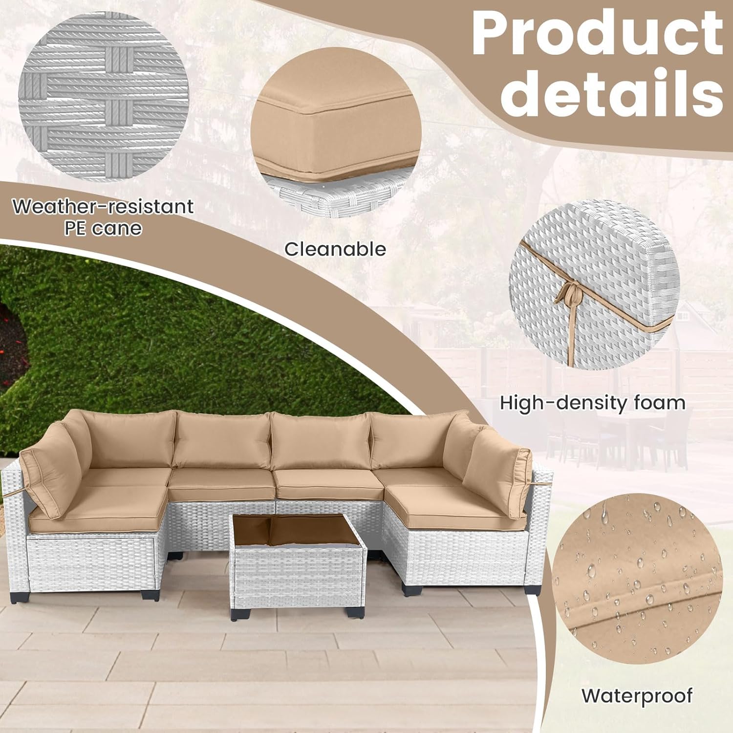 7 Pieces Rattan Patio Furniture Set with Tea Table