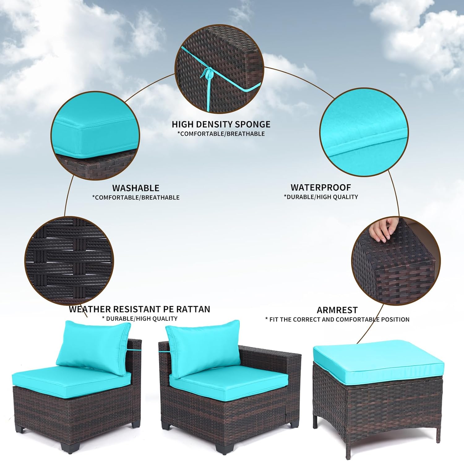 7 Pieces Rattan Patio Furniture Set with Tea Table