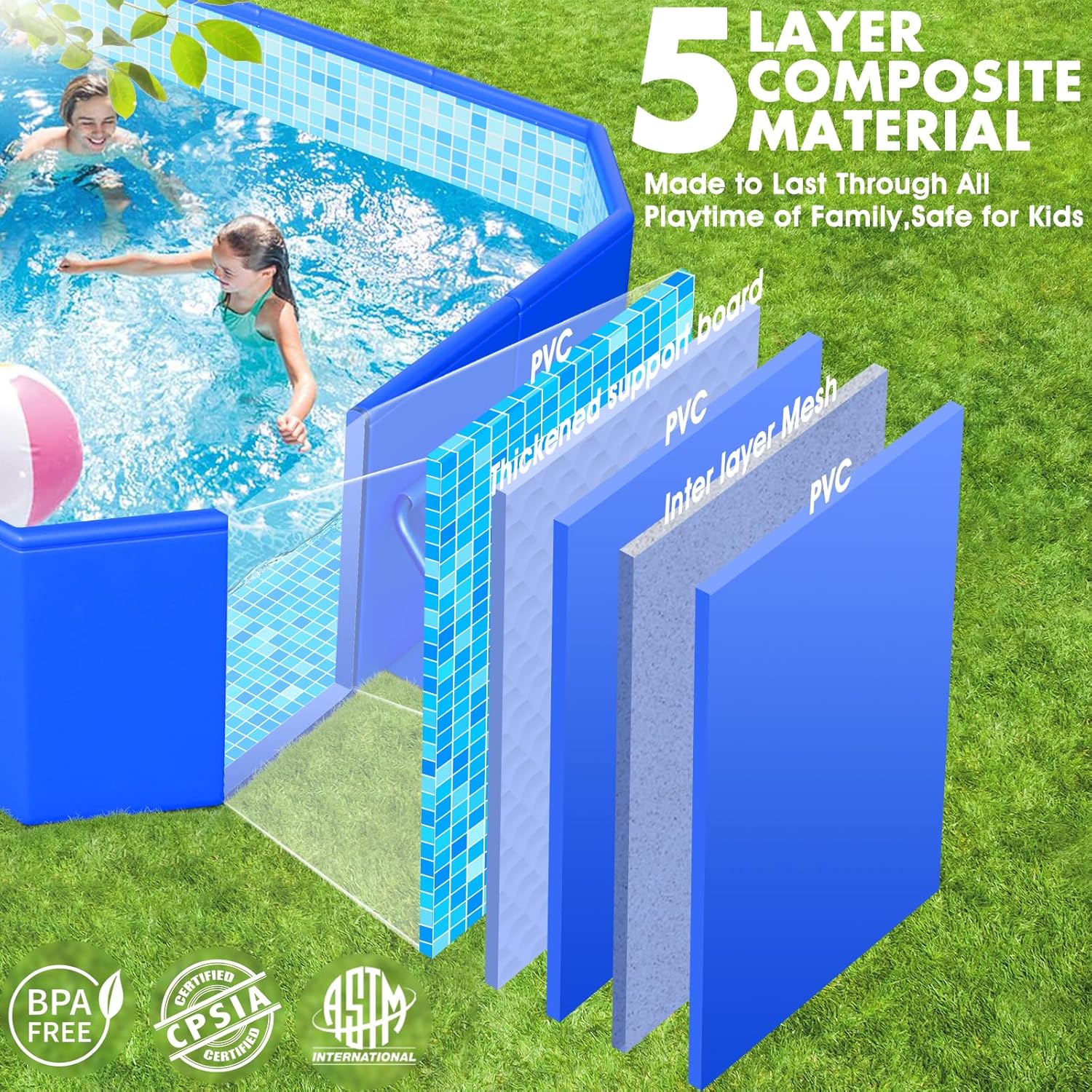 Foldable Pool, Large Non-Inflatable Swimming Pool For Kids,Adult Collapsible Pools Hard Plastic Shell, Oversized Thickened,Portable Folding Kids Pools for Backyard-Mosaic Design-115′′x66′′x20′′