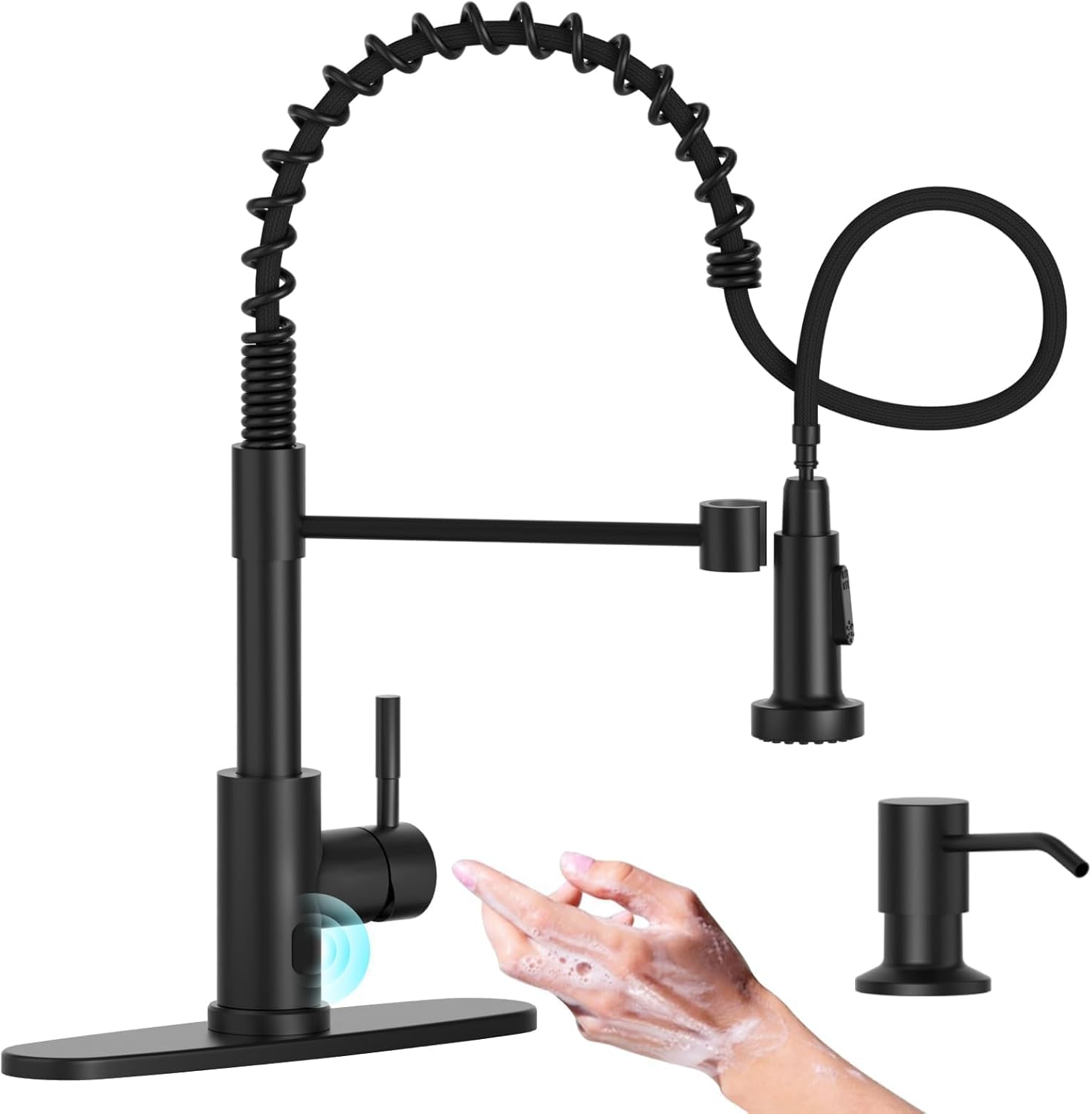 Black Touchless Kitchen Faucet with Soap Dispenser, Motion Sensor Activated Hands-Free Automatic Faucet for Sink with Pull Down Sprayer, Single Handle Smart Faucets for Kitchen Sink