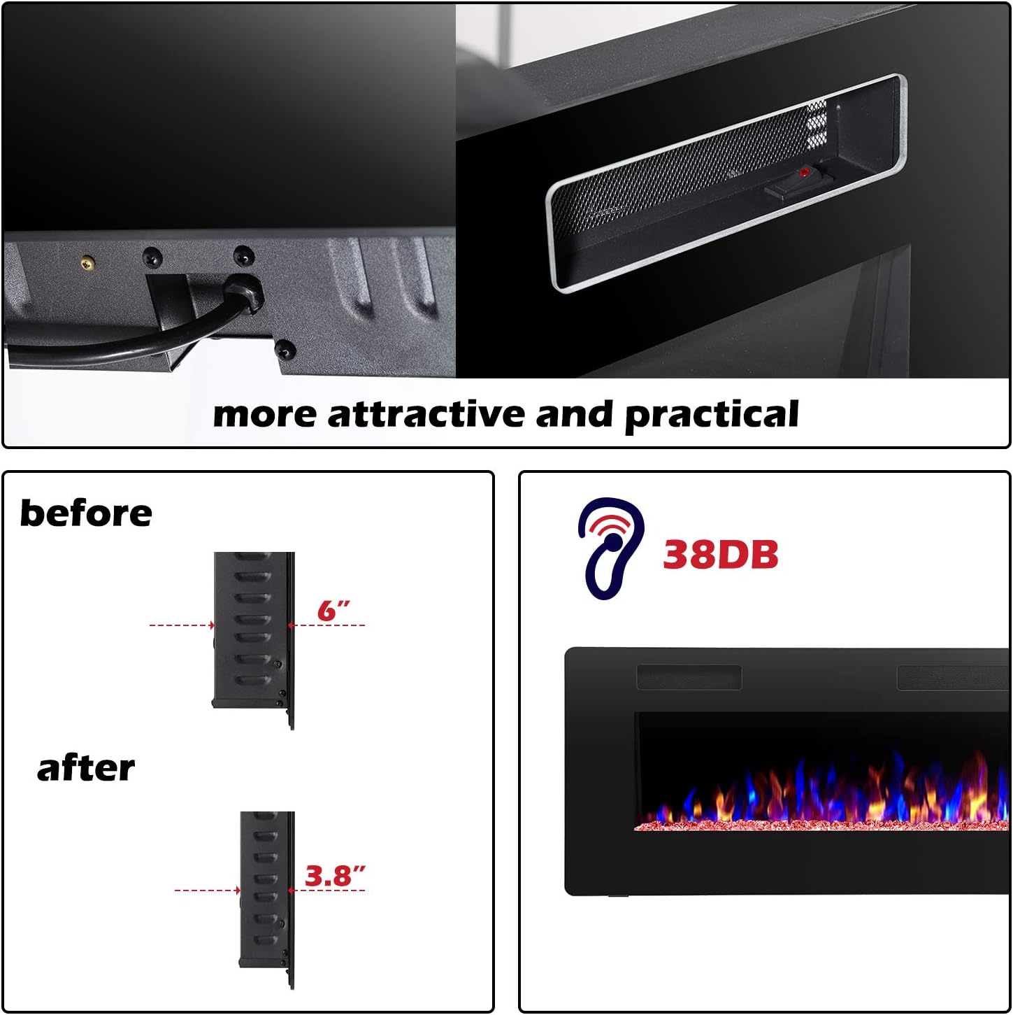 60′′ Electric Fireplace – Remote Control, Adjustable Flames