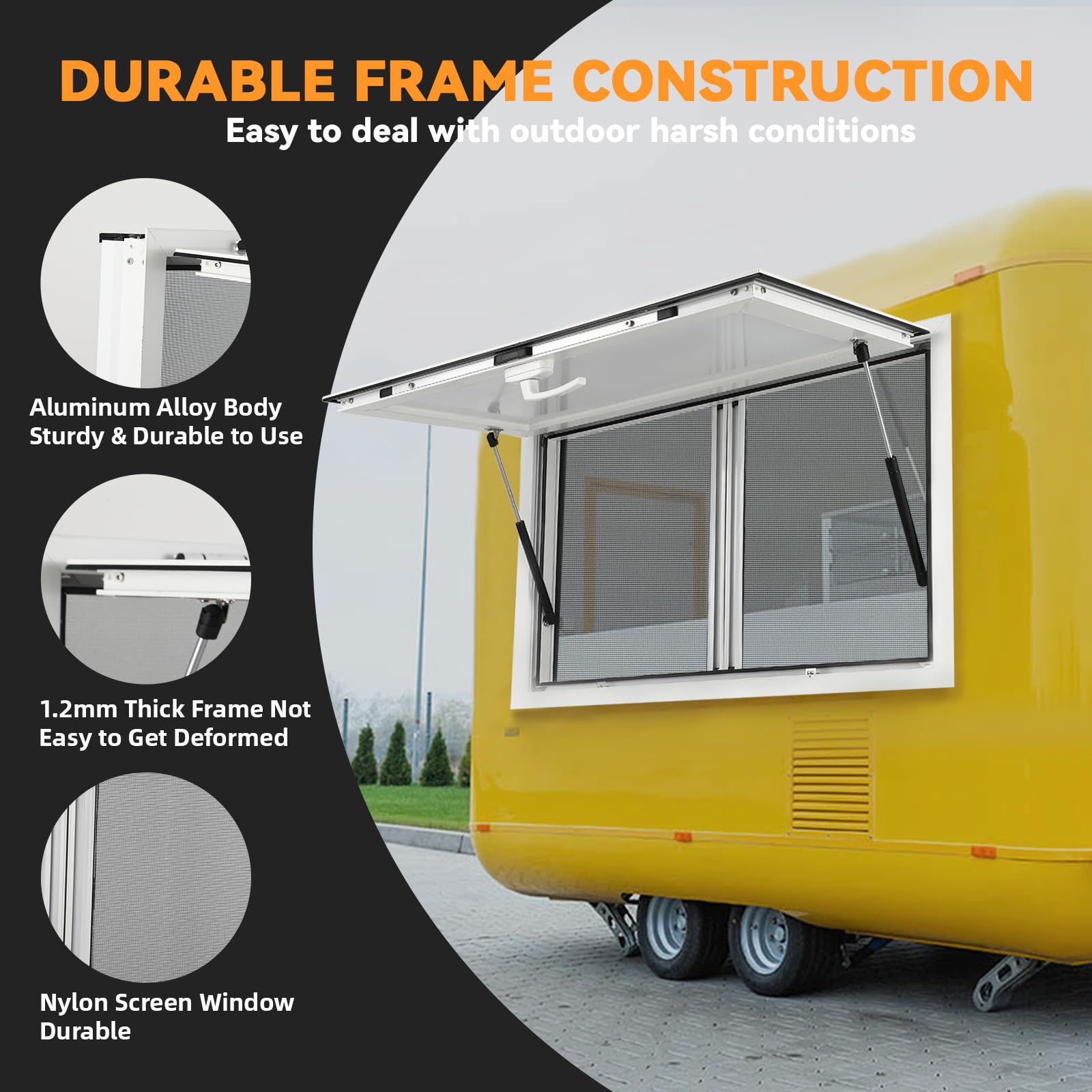 2026 Concession Window 36W x 36H Aluminum Alloy Food Truck Service Window with Sliding Screens & Awning Door, Hydraulic Lift, Locking Mechanism, Versatile for Catering