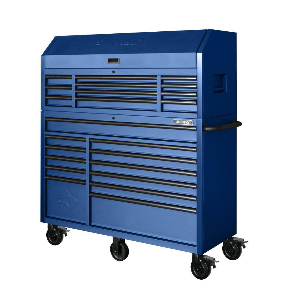 Husky 56 in. W x 22 in. D Heavy Duty 23-Drawer Combination Rolling Tool Chest and Top Tool Cabinet Set in Matte Blue