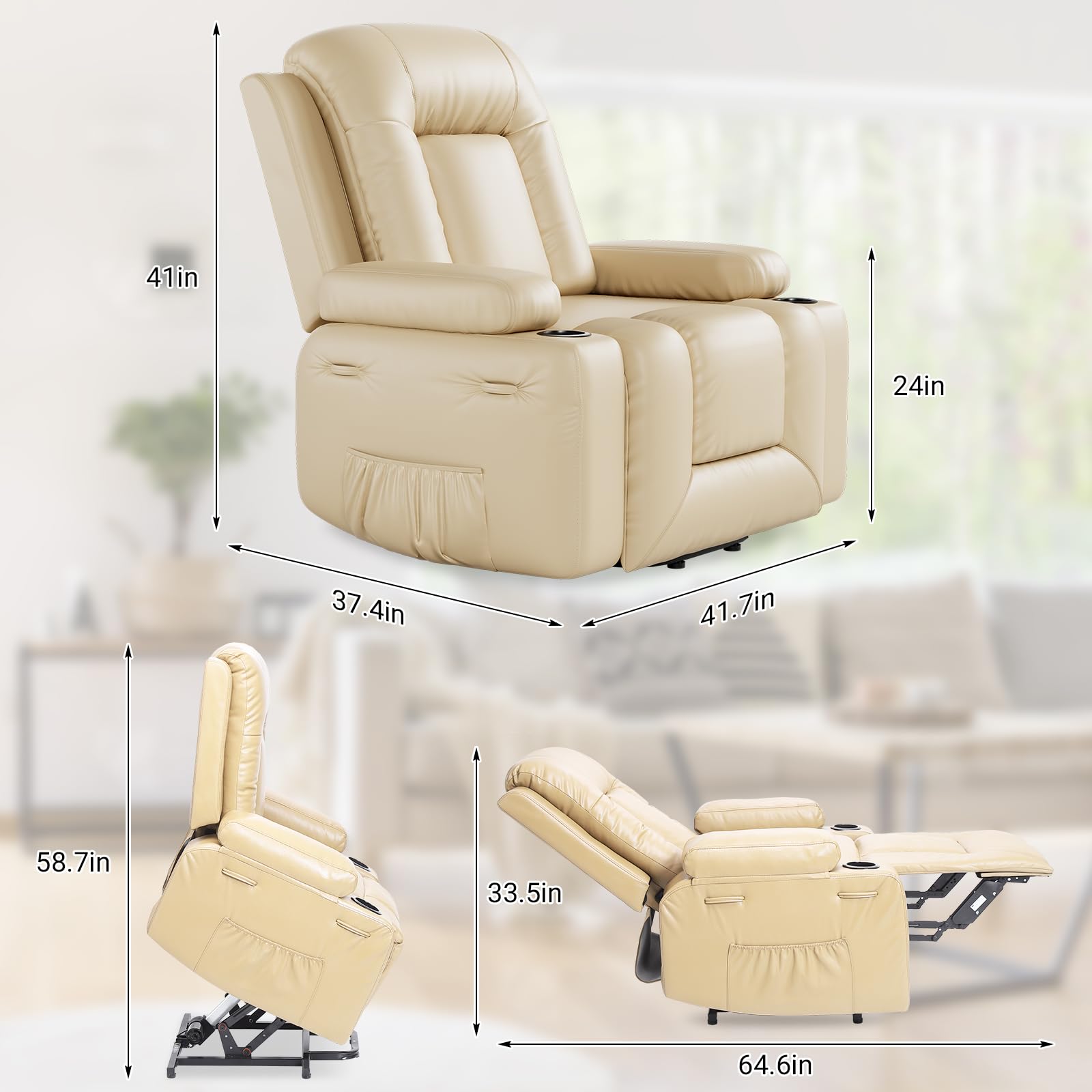 2026 PU Leather Power Lift Recliner Chair With Massage and Heat, Adjustable Furniture for Back, Legs w/ 3 Positions, Usb Port, Side Pocket (Beige, 27 Seat Width+Cup Holders)