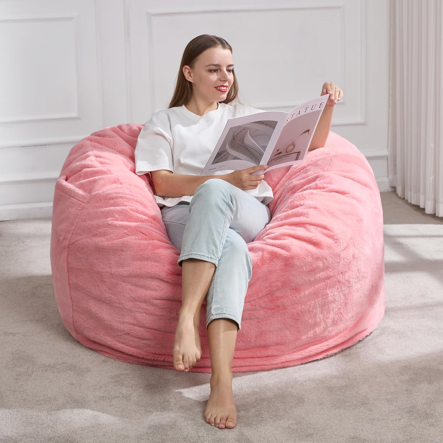 Bean Bag Chairs for Adults Beanbag Chair with Plush Faux Fur Cover Large Bean Bag Chair Big Bean Bag Chair for Living Room Bedroom Dorm (Grey, 5FT)