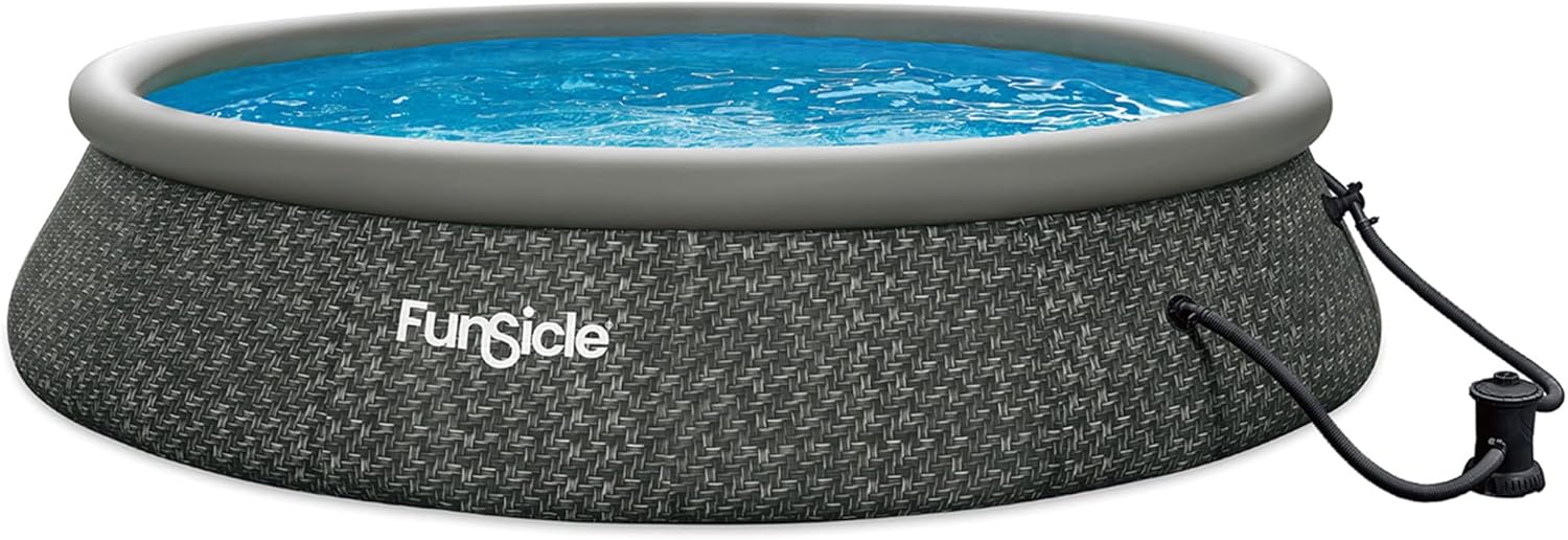 12 Foot by 36 Inch Quickset Round Inflatable Ring Top Outdoor Above Ground Swimming Pool Set with Pump and Cartridge Filter, Dark Herringbone