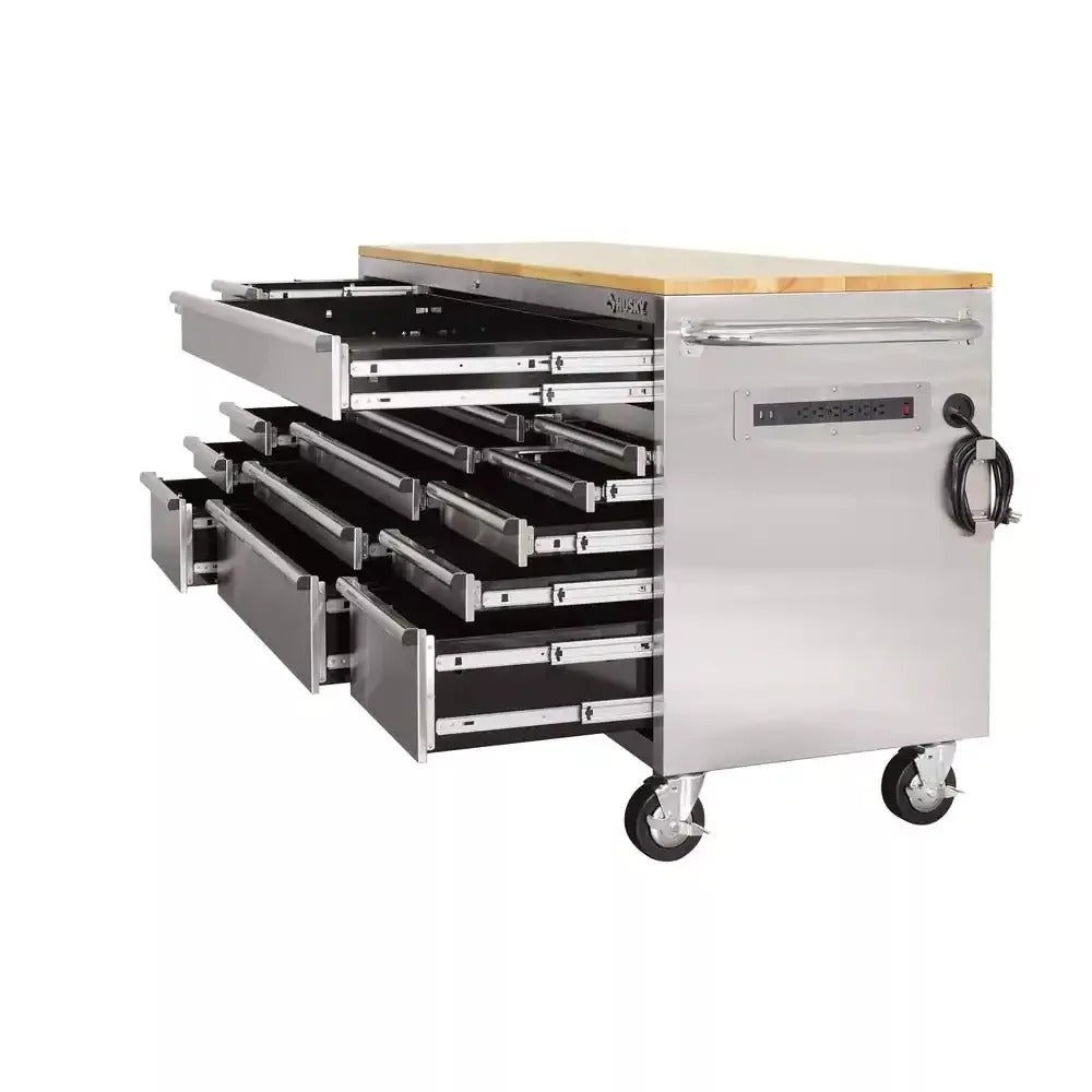 2026 72 in. 18-Drawer 24 in. D Mobile Workbench with Solid Wood Top Stainless Steel
