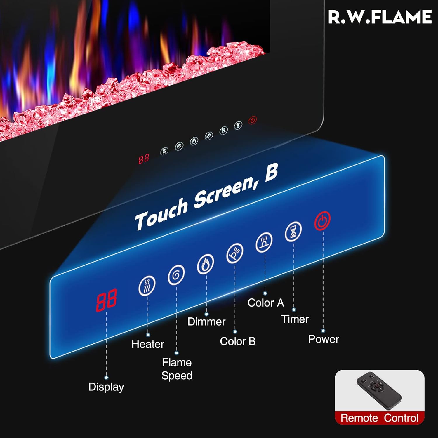 60′′ Electric Fireplace – Remote Control, Adjustable Flames