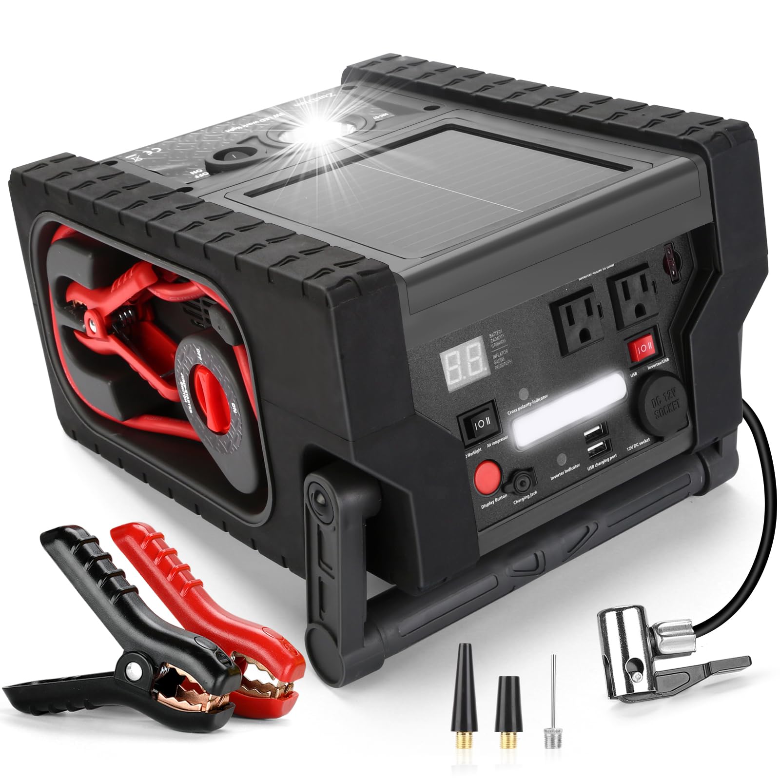 2026 Solar Portable Power Station 2000 Amps Jump Starter, 260 PSI Air Compressor, 12V Car Battery Charger with 400W Inverter Dual AC/DC/USB Output, Emergency Backup Power with Flashlights