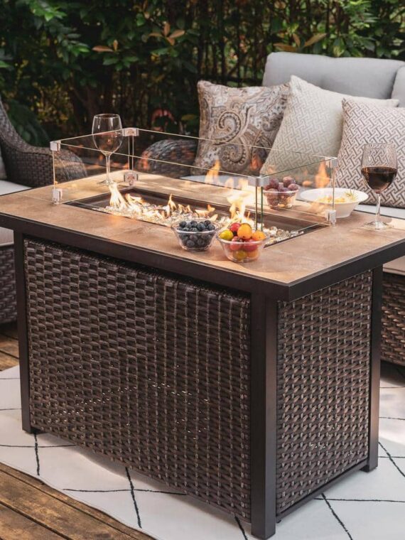 43 in, 50,000 BTU Brown Rectangle Wicker Outdoor Propane Gas Fire Pit Table with Glass Fire Pit Wind Guard