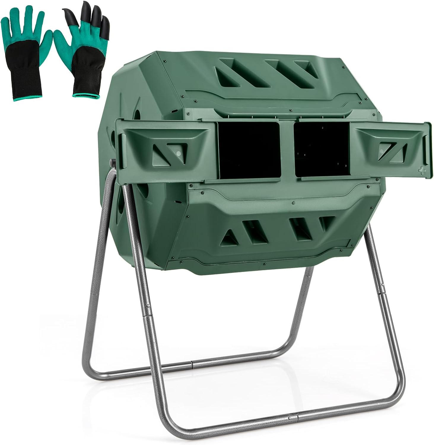2025 Compost Bin, 42-Gal Dual Chamber Composting Tumbler w/2 Sliding Doors, Heavy-Duty Metal Frame