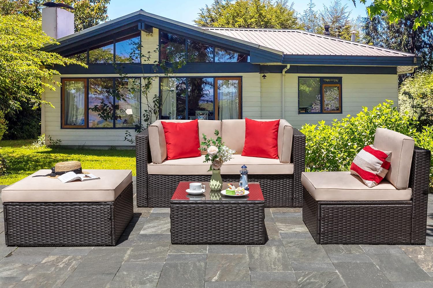 5 Piece All-Weather Patio Furniture Set with Ottoman