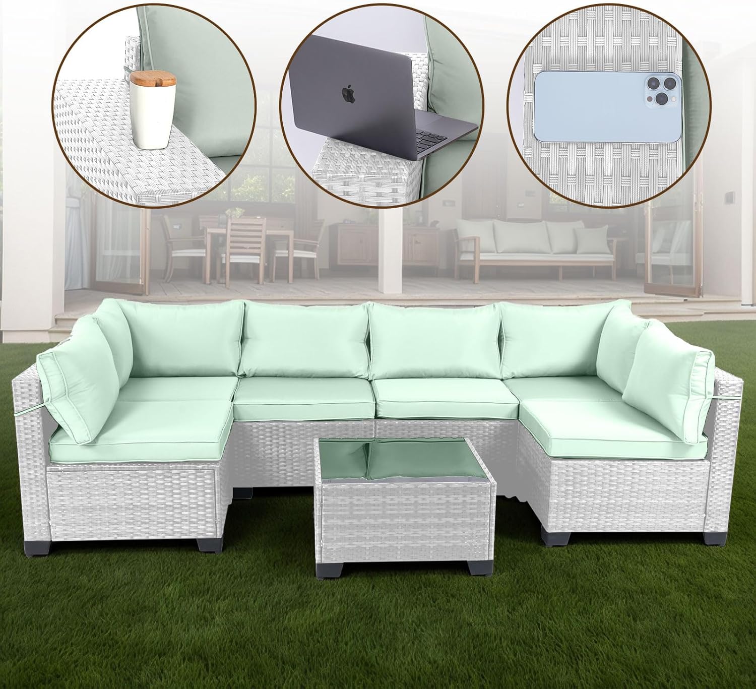 7 Pieces Rattan Patio Furniture Set with Tea Table