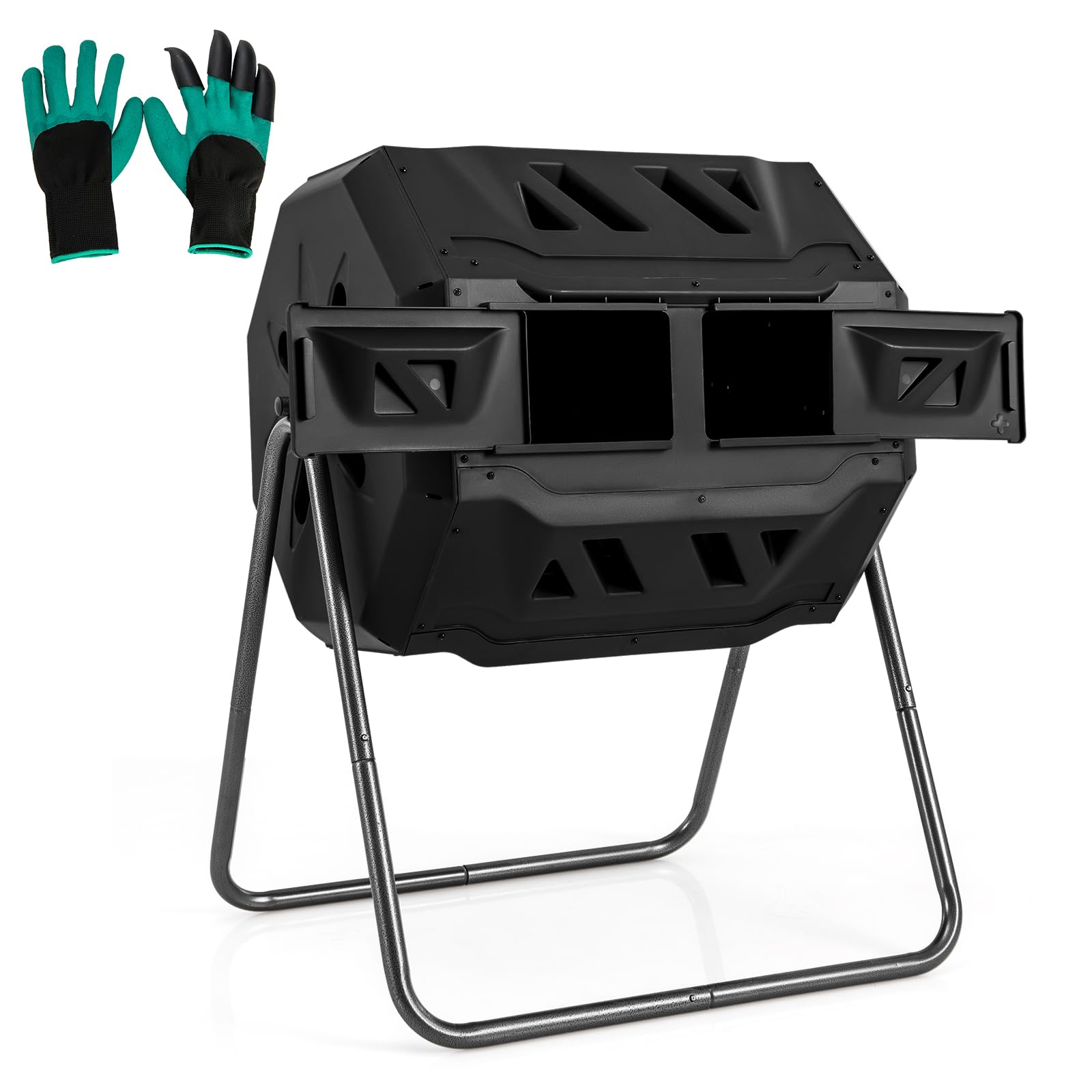 2025 Compost Bin, 42-Gal Dual Chamber Composting Tumbler w/2 Sliding Doors, Heavy-Duty Metal Frame