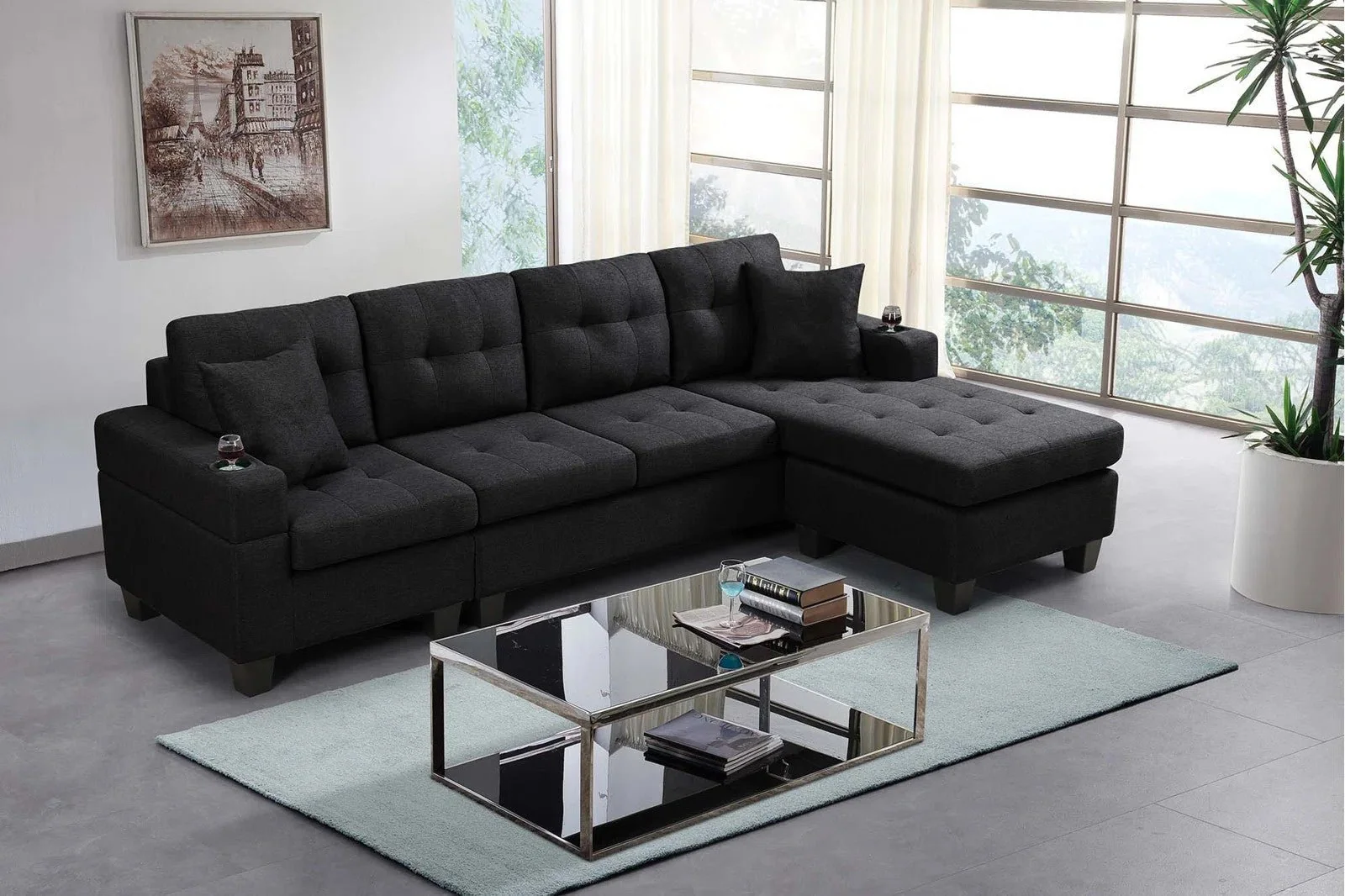 Reversible 4-Seater L-Shape Sectional Sofa with Chaise & Ottoman | Modern Upholstered Living Room Set