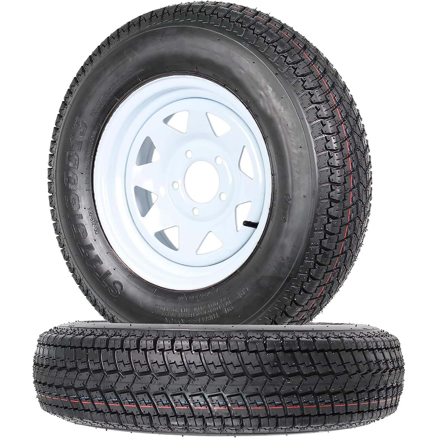 2026 Set of 2 Trailer Tires Rims 175-80 5 Lug 6PR White Spoke Wheel Load Range C
