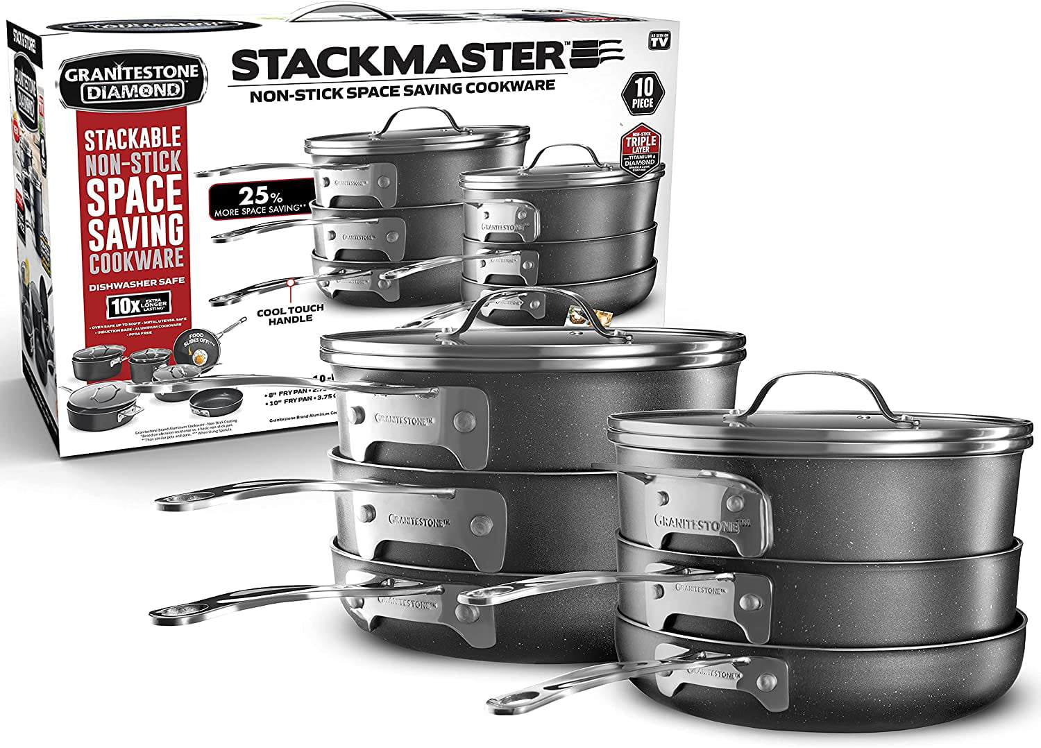 Granitestone Stackmaster Nonstick Pots and Pans Set, 10 Piece Complete Cookware Set, Stackable Design with Ultra Nonstick Mineral and Diamond Coating, Dishwasher and Oven Safe