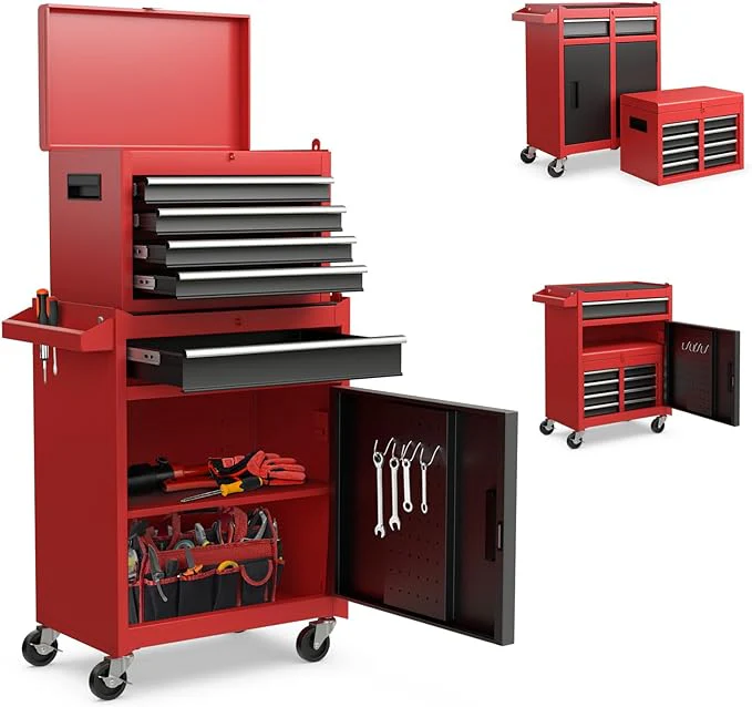 Rolling toolbox, 5-drawer toolbox organizer with lockable wheels and sliding drawers, removable top and adjustable shelves, garage workshop tool storage cabinet