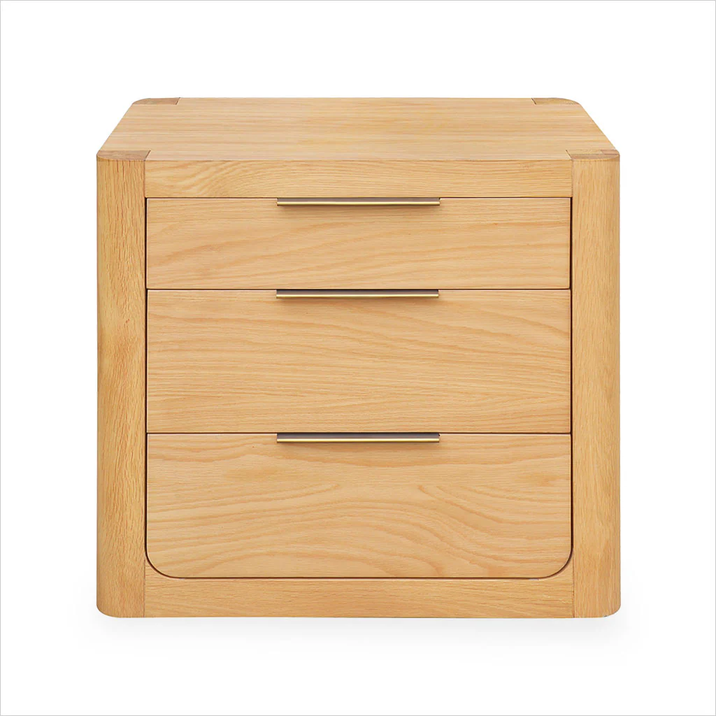 Luna Nightstand – Natural White Oak with Three Drawers and Bronze Handles