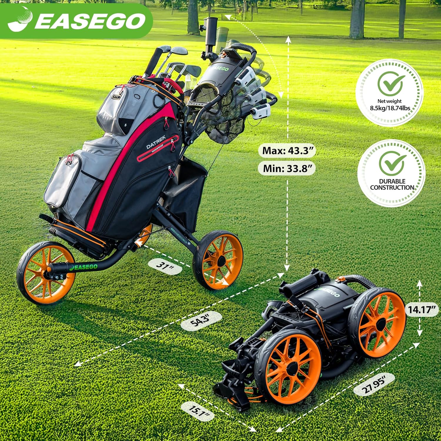 ‎Golf Push Cart 3 Wheel – Foldable Caddy with Holders