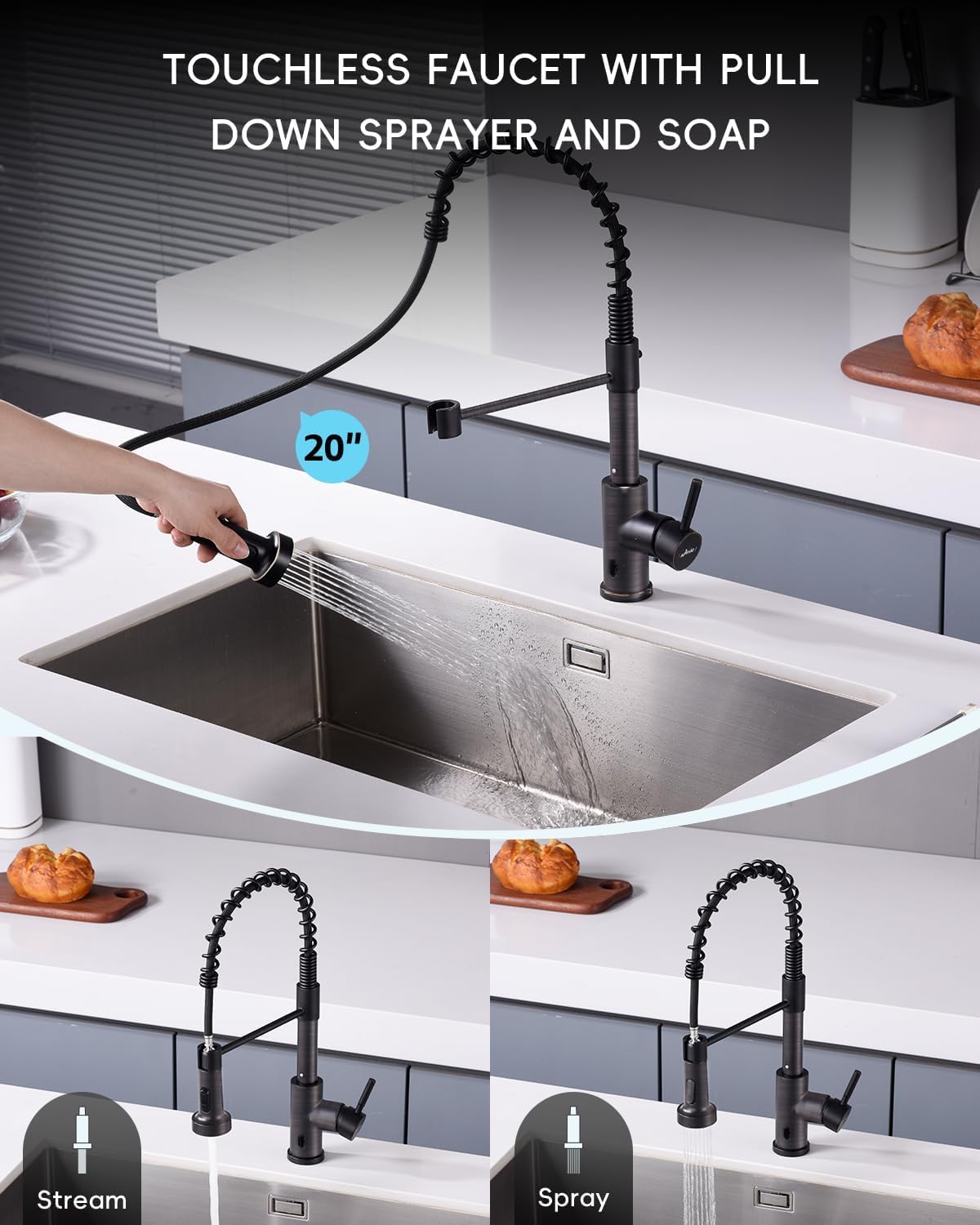 Black Touchless Kitchen Faucet with Soap Dispenser, Motion Sensor Activated Hands-Free Automatic Faucet for Sink with Pull Down Sprayer, Single Handle Smart Faucets for Kitchen Sink
