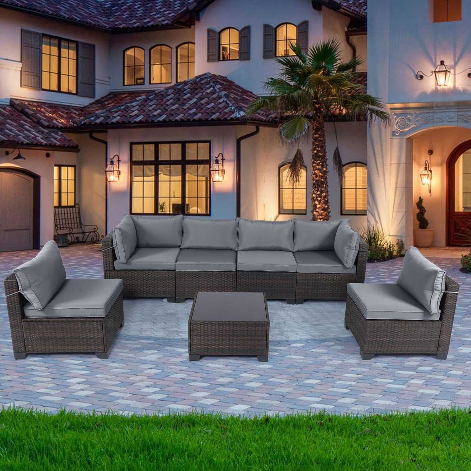 7 Pieces Rattan Patio Furniture Set with Tea Table