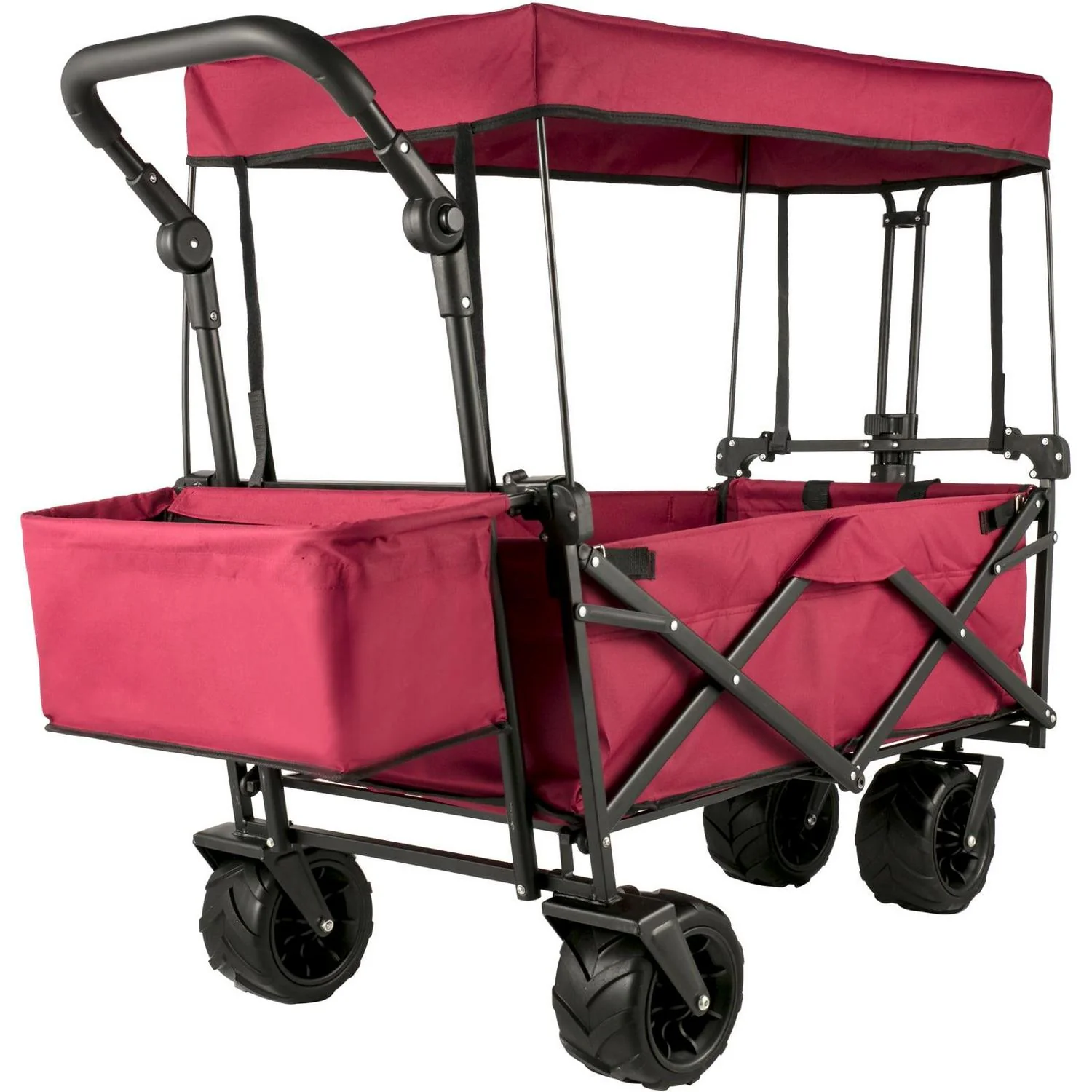Red Collapsible Wagon Cart with Canopy, 360° Wheels, Adjustable Handles, 220 lbs Capacity for Beach & Garden