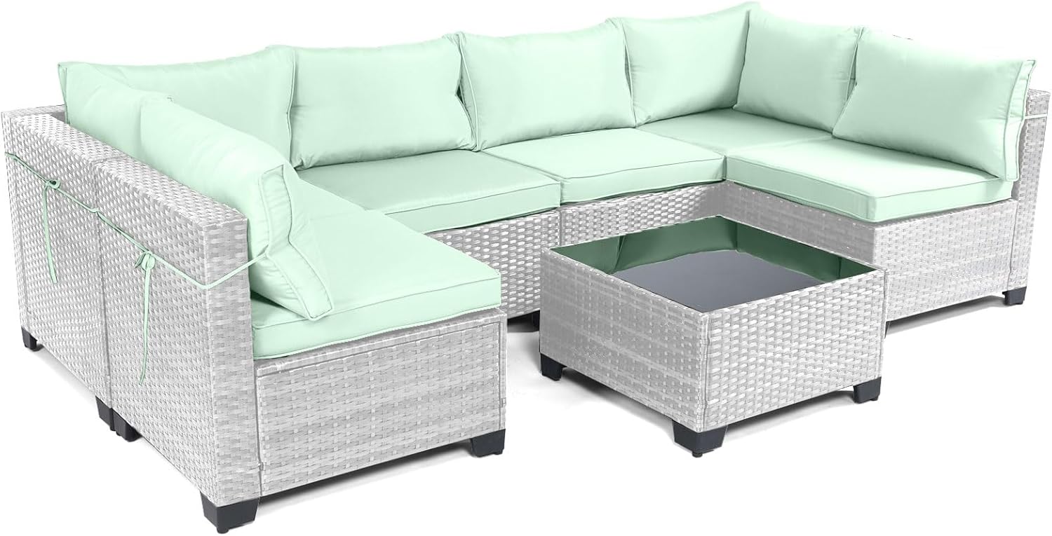 7 Pieces Rattan Patio Furniture Set with Tea Table