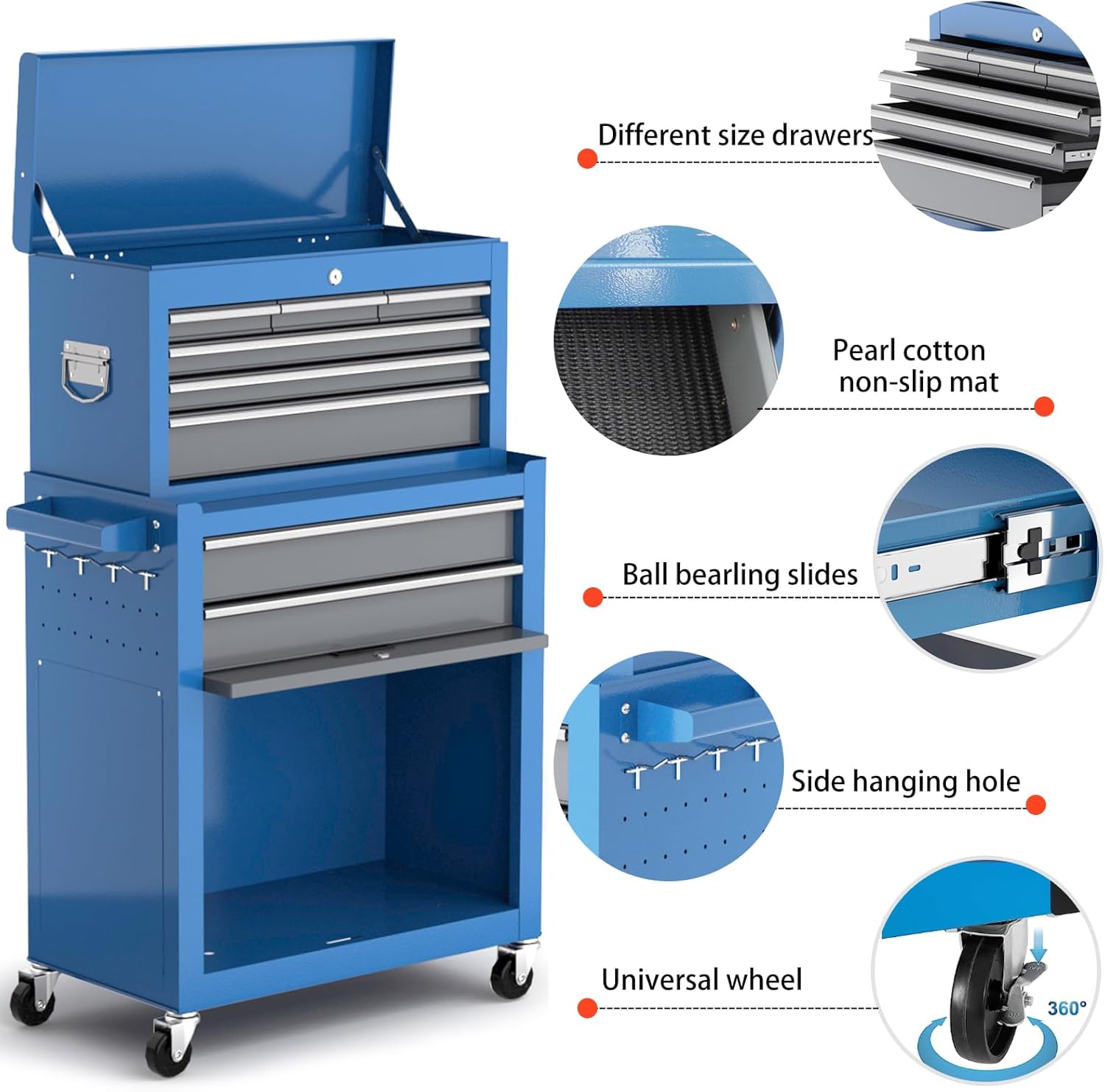 2026 Tool Chest 8-Drawer | 42'' Large Rolling Tool Chest with Wheels | Detachable Top Metal Tool Box | Garage Storage Cabinet for Repair Room,Warehouse | Rolling Tool Box with Hooks,Liners,Tray Divider