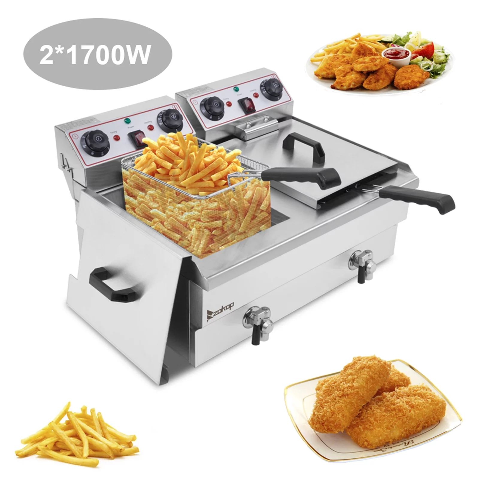 2026 EH102V 16.9QT Stainless Steel Double Tank Deep Fryer 3400W MAX (8L + 8L Capacity) - Large Handle, Ideal for Big Blue Fans